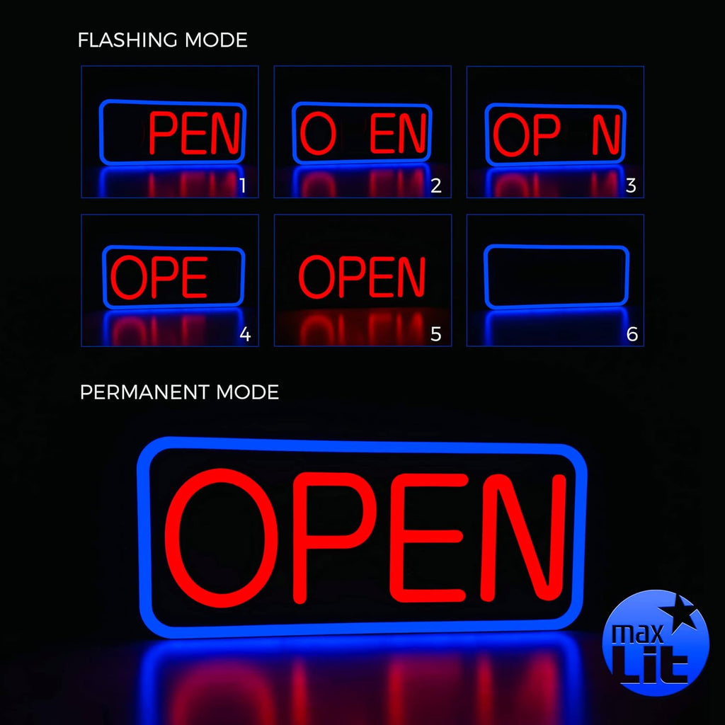MaxLit 21'' X 10'' New Ultra Bright LED Neon Sign - OPEN - Remote Controlled - Energy Efficient & Durable (Blue/Red)
