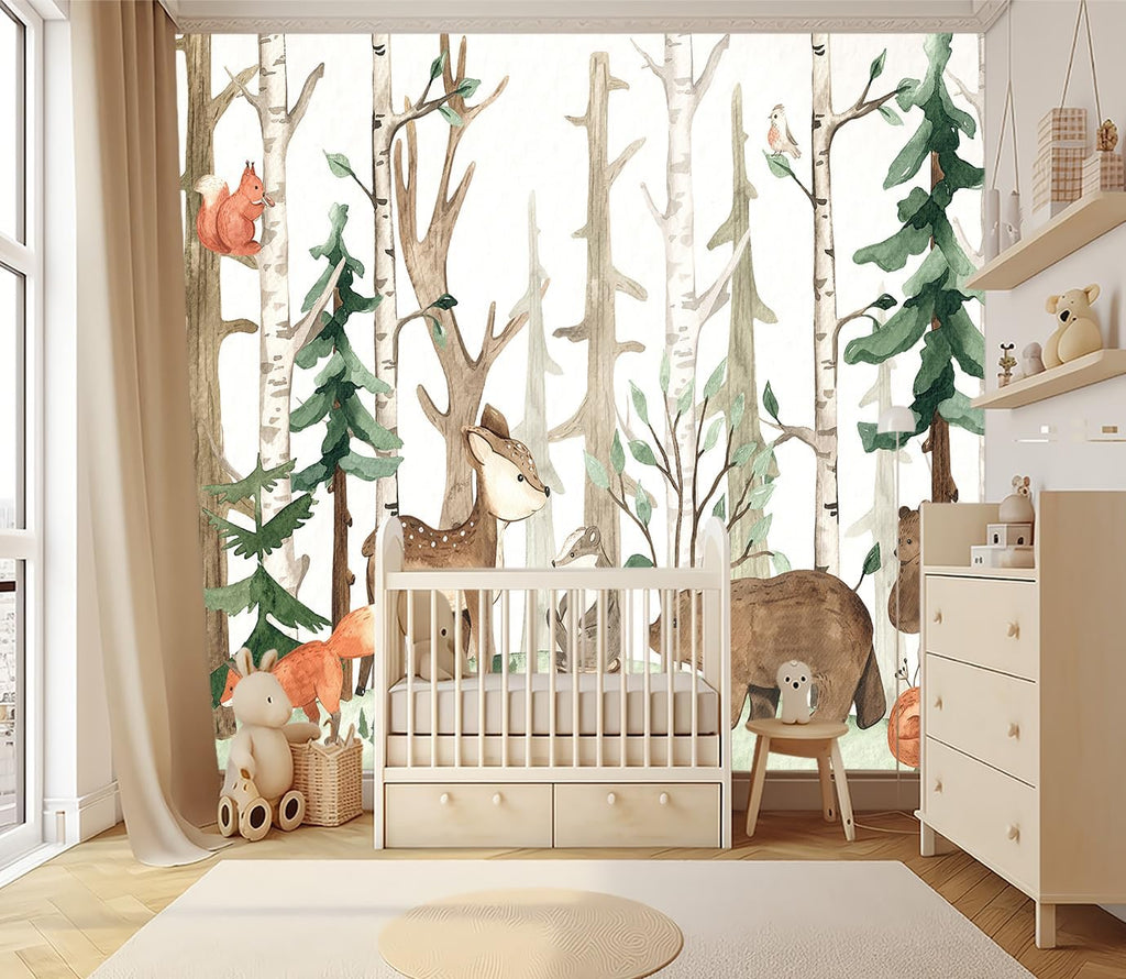 XMPMBM-Cartoon Hand-Painted Animals Woodland Nursery Room Fabric Wallpaper Graffiti Pine Forest Kids Gaming Room Wall Mural-W 88" X H 59"（36 Square Foot）