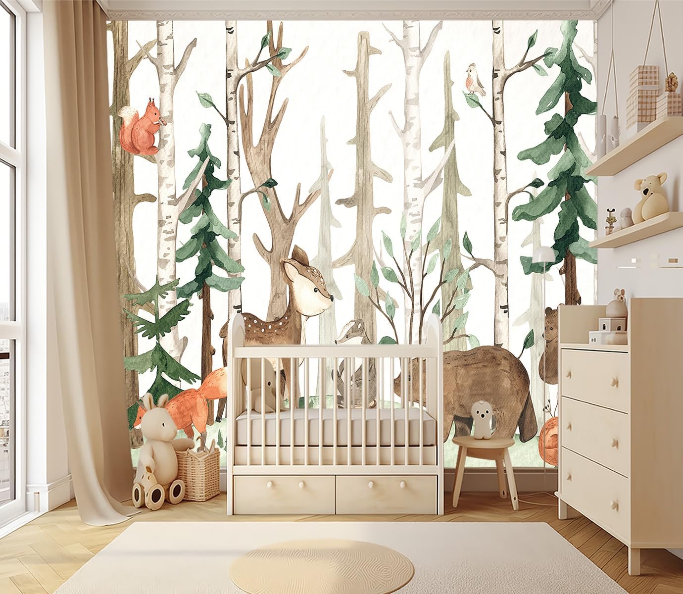 XMPMBM-Cartoon Hand-Painted Animals Woodland Nursery Room Fabric Wallpaper Graffiti Pine Forest Kids Gaming Room Wall Mural-W 88" X H 59"（36 Square Foot）