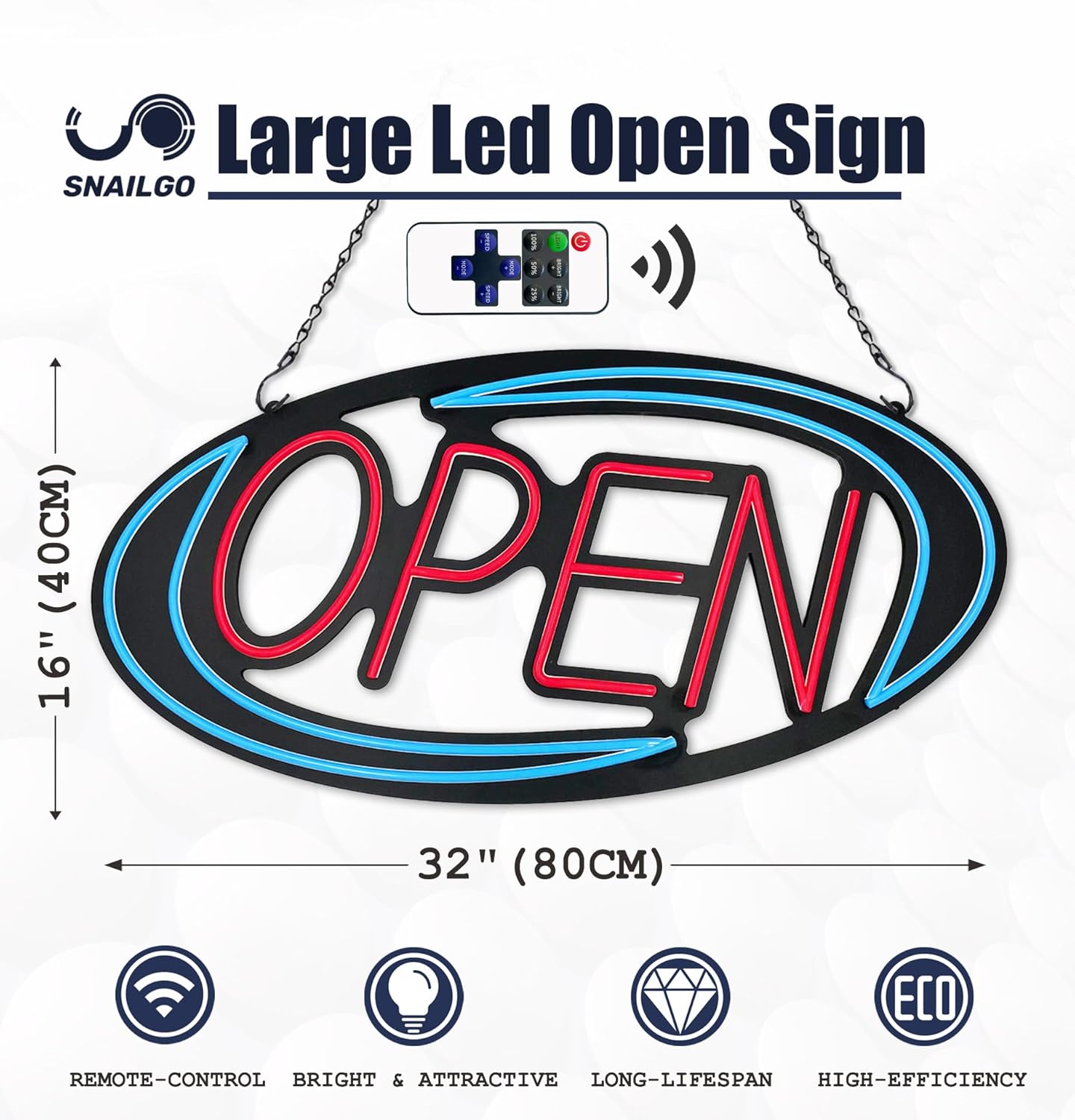 Open Signs for Business,32x16 inch Large Bright Open Sign Neon Led Lighted,Remote Control & Flashing Mode for Window Door Bar Coffee Salon Store,ON/OFF Switch Blue/Red
