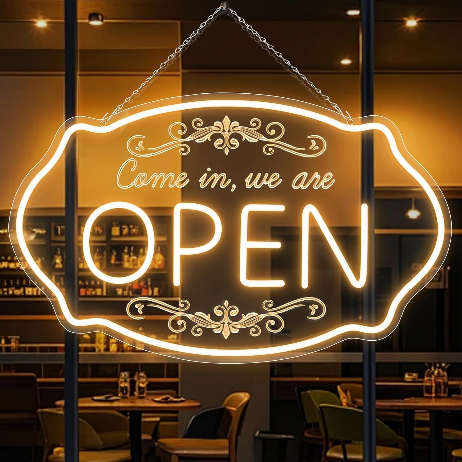 LED Neon Open Sign for Business, 16.5x10'' Come in We’re Open Sign, Warm White Adjustable Brightness Neon Lights for Party, Bar, Salon, Stores, Hotel, Wall Decor, Clubs, Hotels