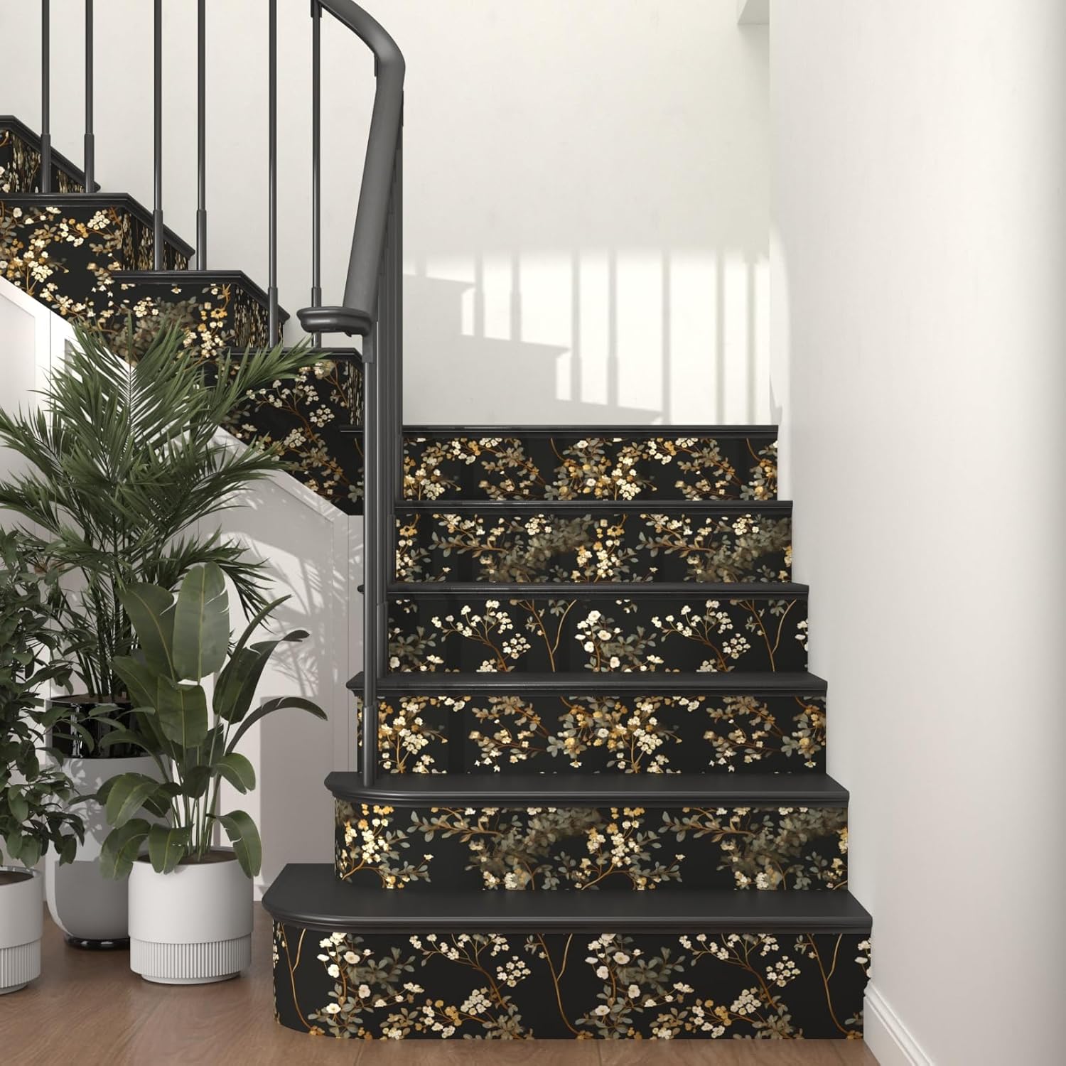 Fvlow Vintage Black Floral Wallpaper Classic Watercolor Leaves Wall Paper 17.4" x 394" Dark Moody Contact Paper Chinoiserie Self Adhesive Covering for Bedroom Bathroom Cabinet Home Decor Black Grey