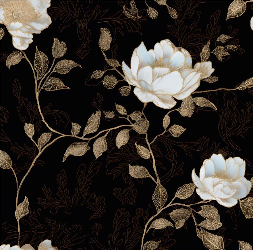 Laatse Black Golden Floral Peel and Stick Wallpaper Flowers Contact Paper 17.5" x 393" Self Adhesive Waterproof Vintage Dark Floral Wall Paper for Shelf Liner Cabinet Decor