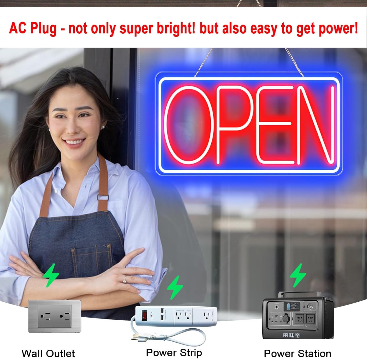 16.5" X 9" Led Neon Open Signs for Business - 12V/2A Ultra Bright Led Neon Sign with ON/OFF Switch - Plug In Electric Light Up Sign for Bar, Salon, Coffee Stores, Club, Hotel (Horizontal)