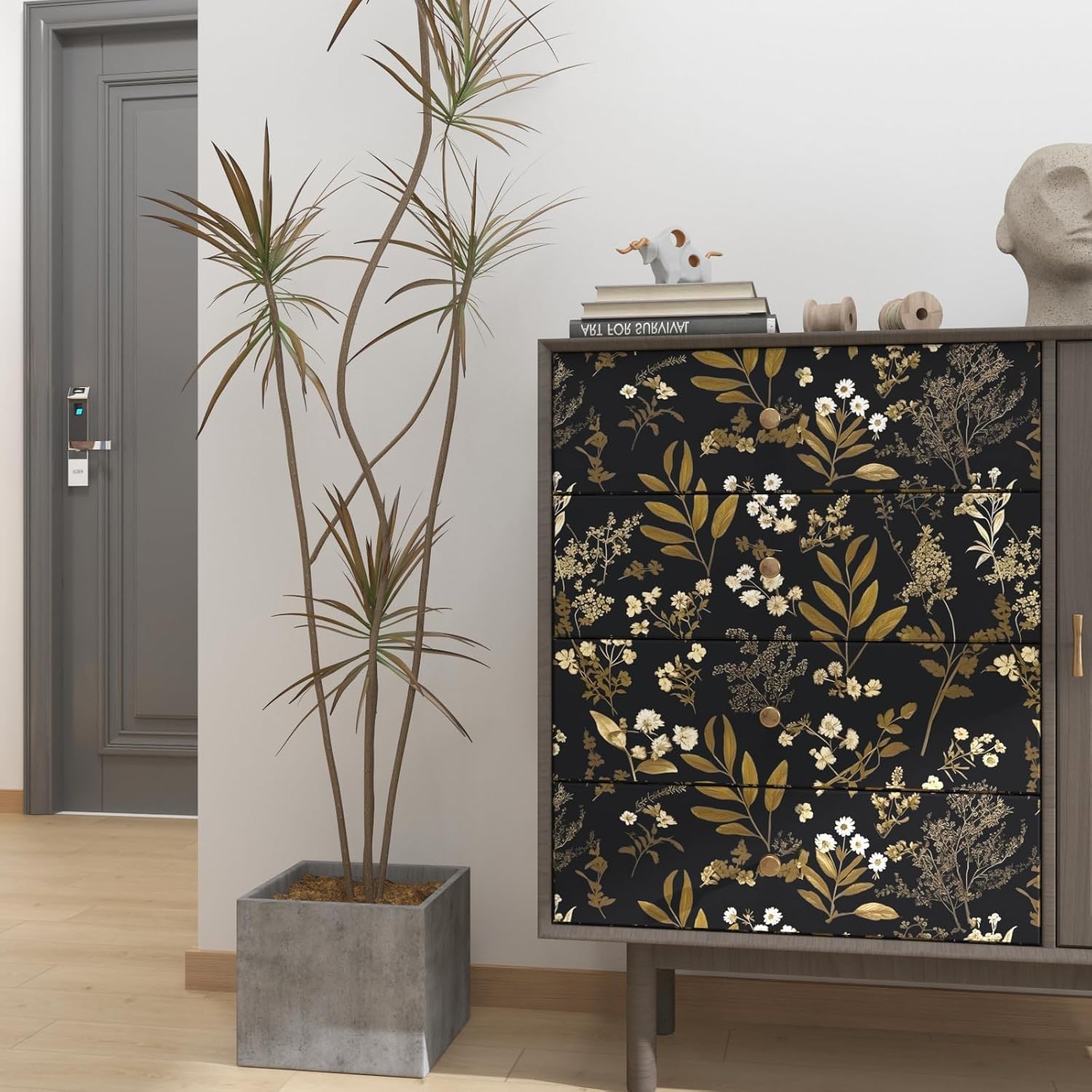 Laatse Vintage Wallpaper Peel and Stick Black Floral Wallpaper 17.5'' x 393'' Gold Leaf Contact Paper Vinyl Waterproof Self Adhesive Boho Botanical Wall Paper for Bedroom Shlef Cabinet Décor