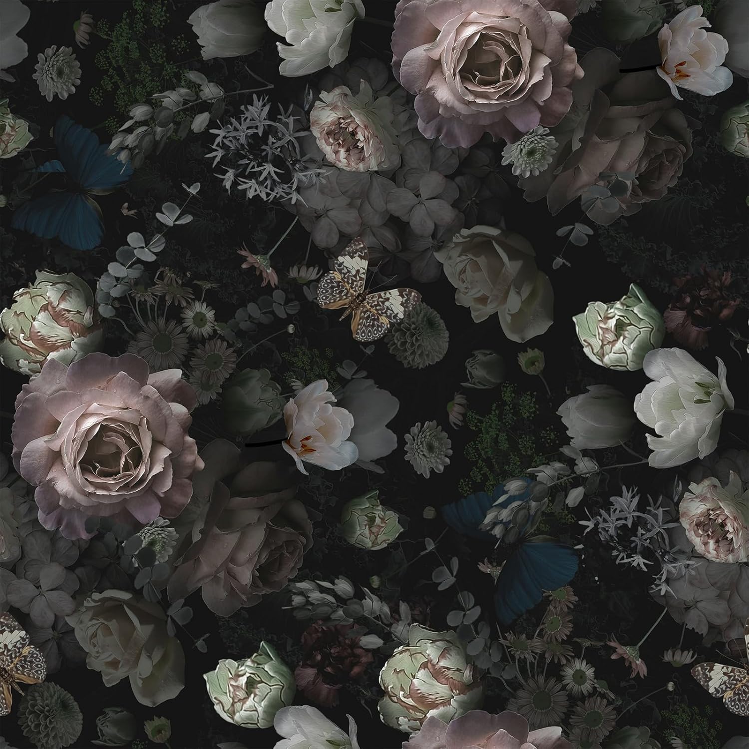 VEELIKE Moody Floral Peel and Stick Wallpaper Vintage Dark Floral Wallpaper for Bedroom Bathroom 17.7''x354'' Removable Self Adhesive Butterflies Flower Wall Paper for Living Room Accent Wall Mural