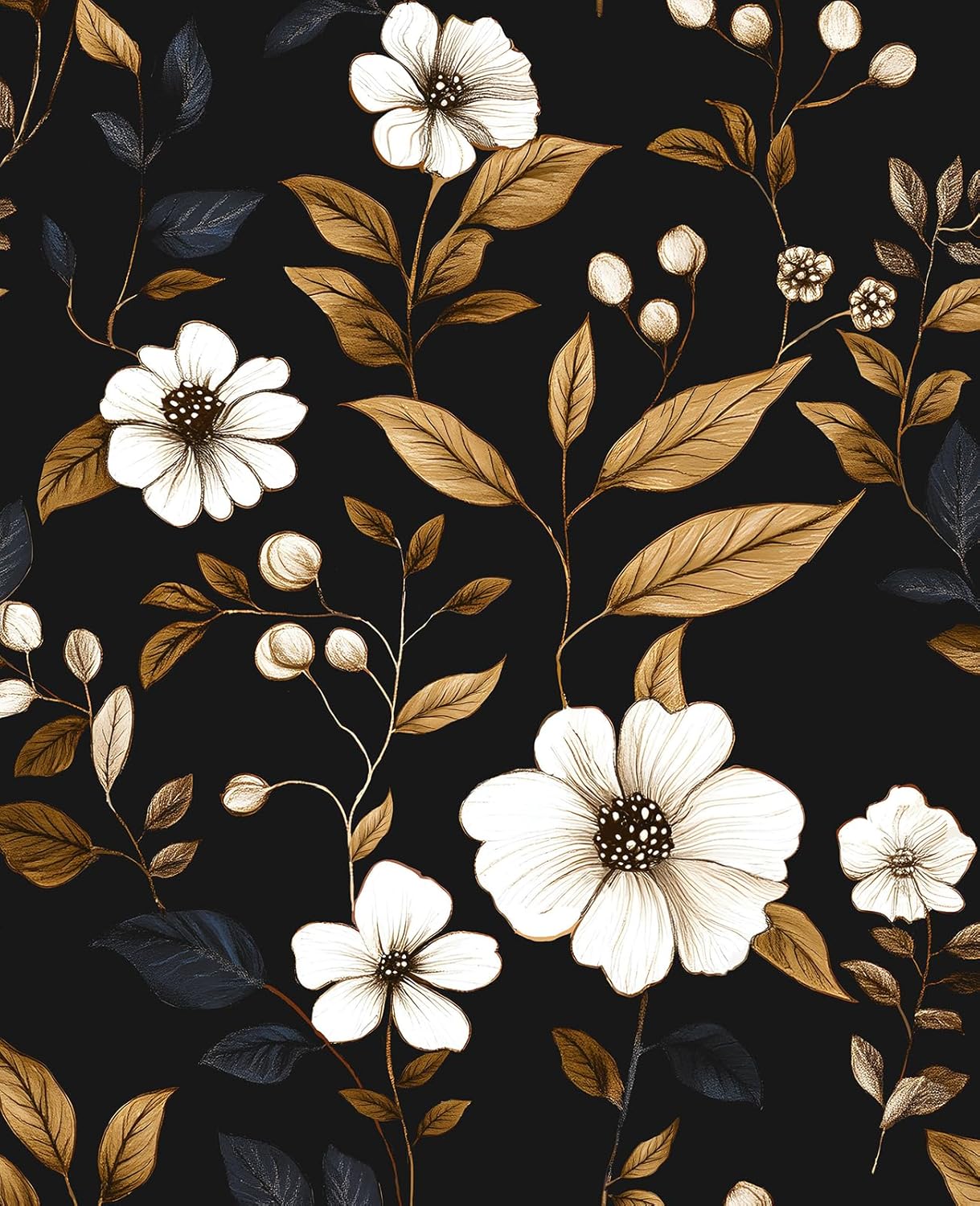 Fvlow Vintage Black Floral Wallpaper Classic Watercolor Leaves Wall Paper 17.4" x 394" Dark Moody Contact Paper Chinoiserie Self Adhesive Covering for Bedroom Bathroom Cabinet Home Decor Black Grey