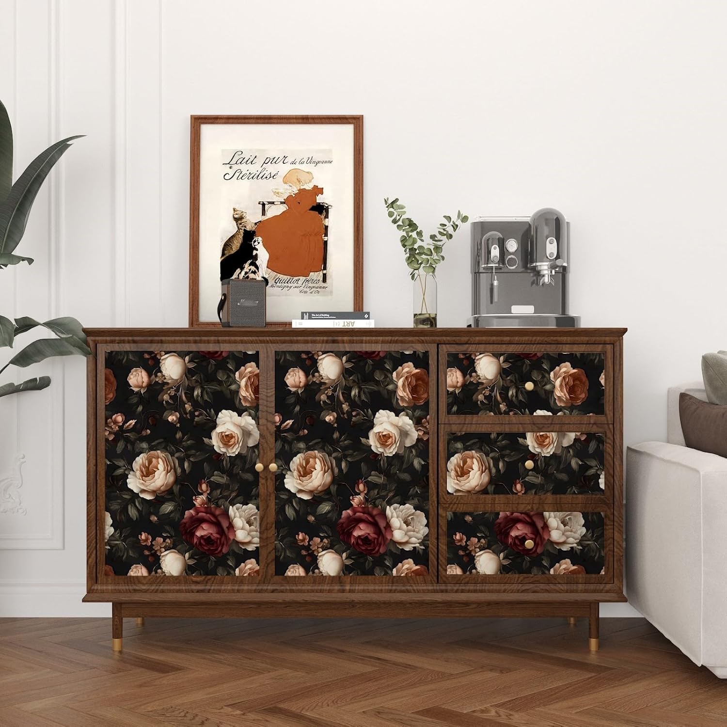 Dark Floral Wallpaper Peel and Stick, Vintage Black/White/Red Rose Contact Paper 17.5" x 393" , Retro Flowers Wall Paper Self Adhesive Waterproof Removable for Room Shelves Cabinet Drawer Table Decor