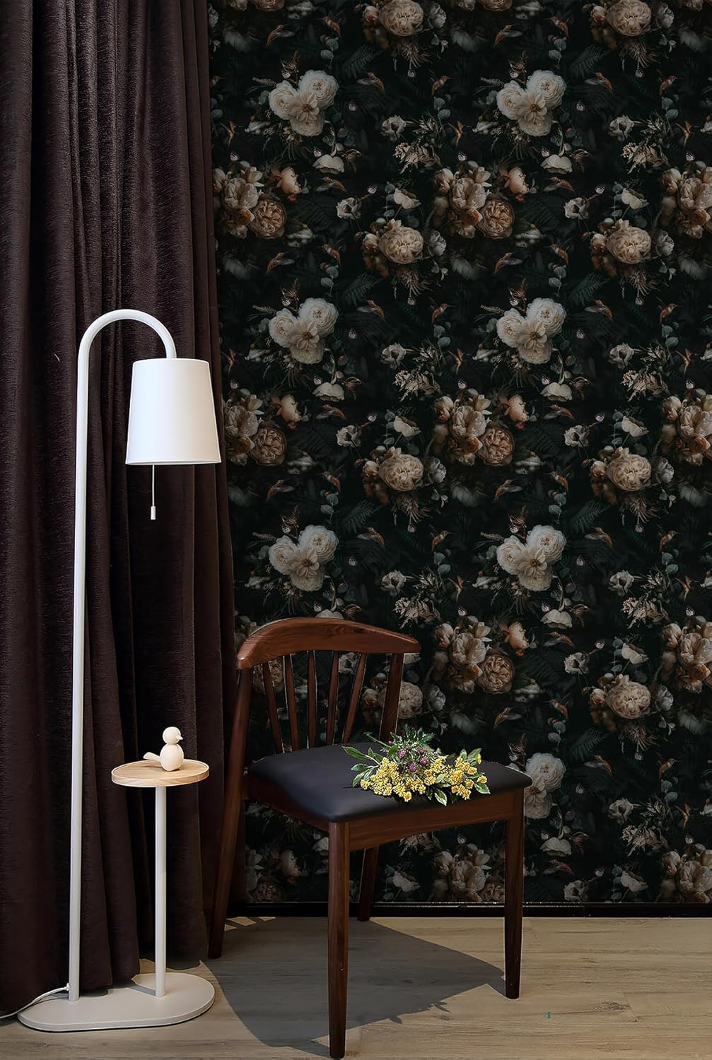 Floralplus Peel and Stick Wallpaper Removable Dark Floral Wallpaper 17.5 x 393 in Renter Friendly Wallpapers for Bedroom Accent Wall Black Floral Contact Paper Flower Wall Mural
