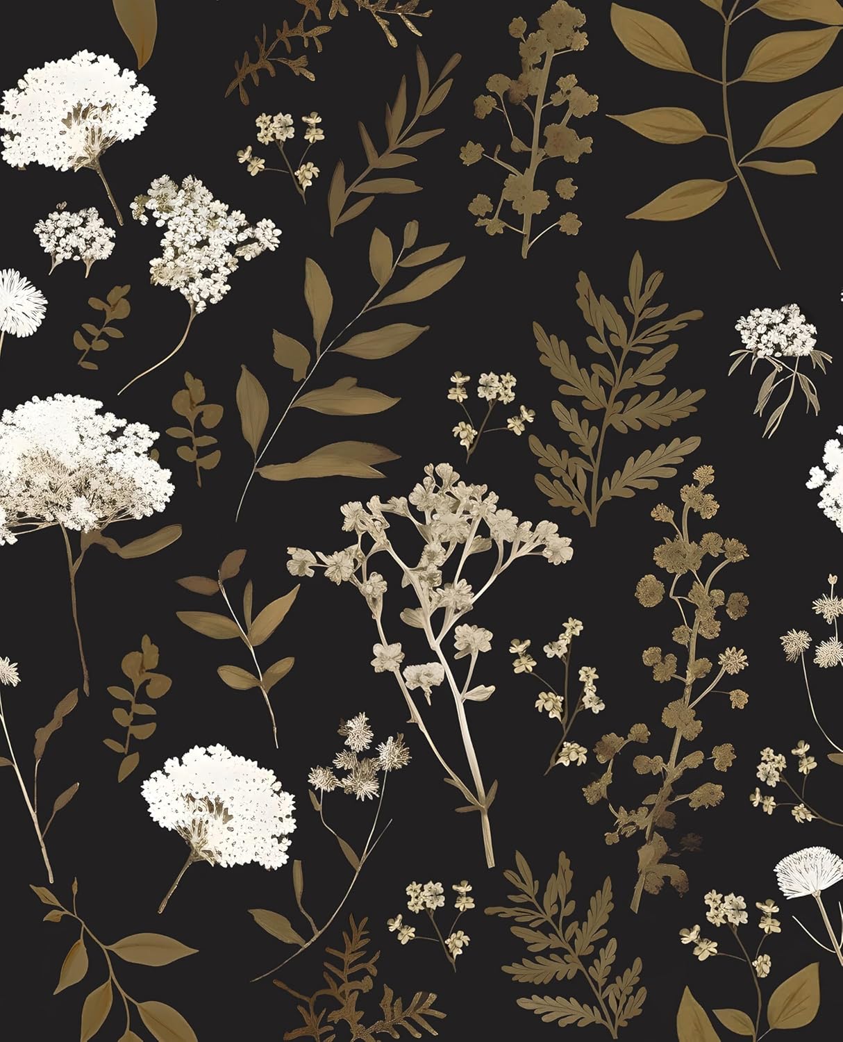 Laatse Vintage Wallpaper Peel and Stick Black Floral Wallpaper 17.5'' x 393'' Gold Leaf Contact Paper Vinyl Waterproof Self Adhesive Boho Botanical Wall Paper for Bedroom Shlef Cabinet Décor