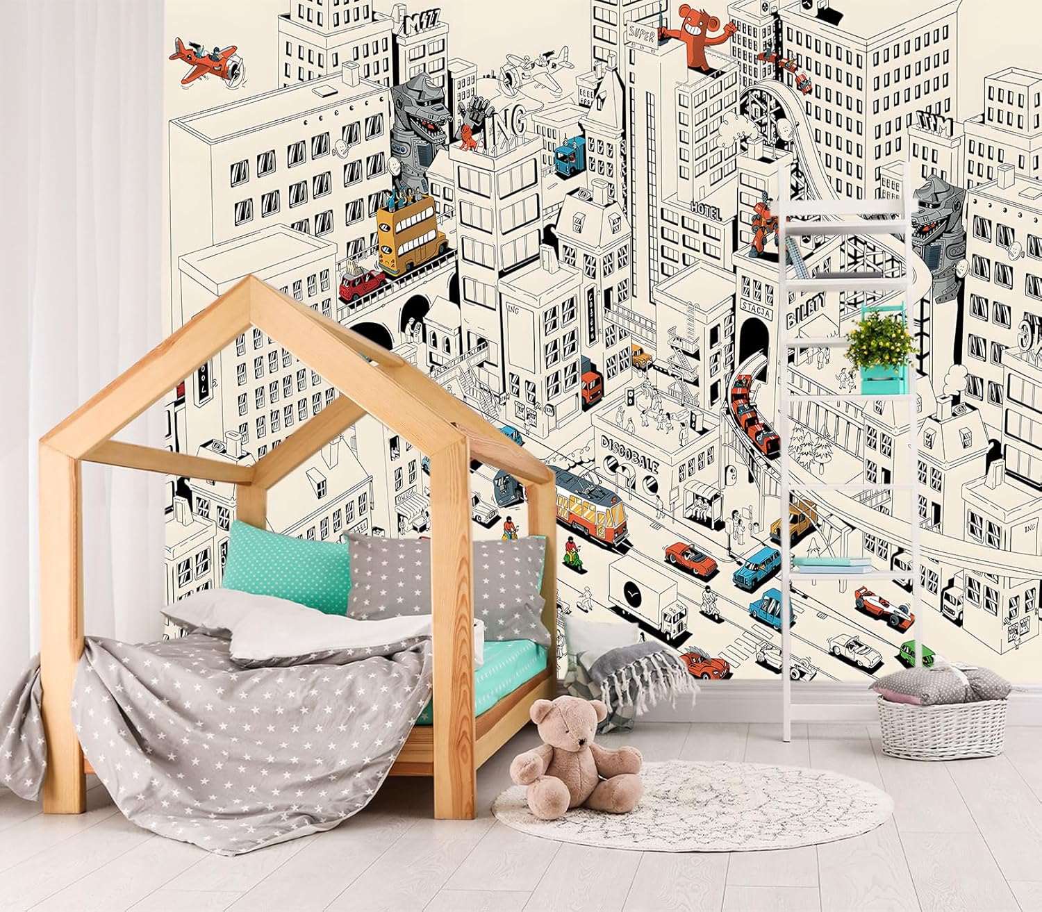 XMPMBM-Cartoon Hand-Painted Animals Woodland Nursery Room Fabric Wallpaper Graffiti Pine Forest Kids Gaming Room Wall Mural-W 88" X H 59"（36 Square Foot）