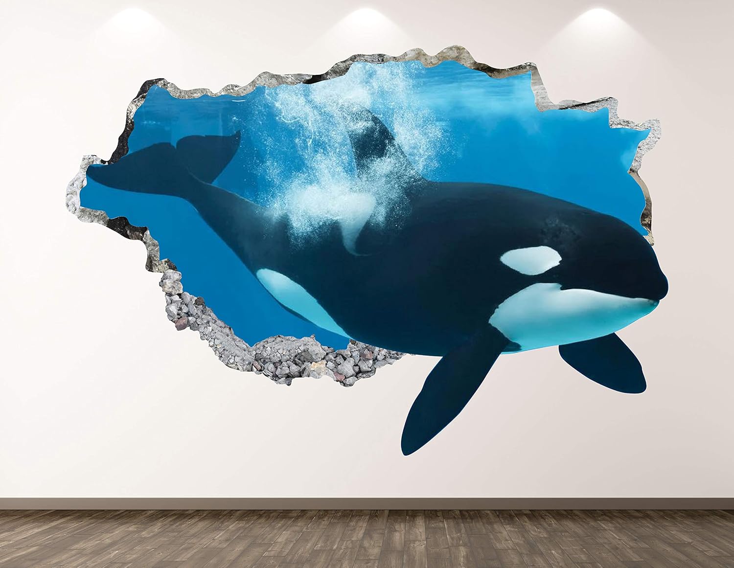 Orca Wall Decal Art Decor 3D Smashed Ocean Killer Whale Animal Sticker Mural Kids Room Custom Gift BL69 (42"W x 24"H)