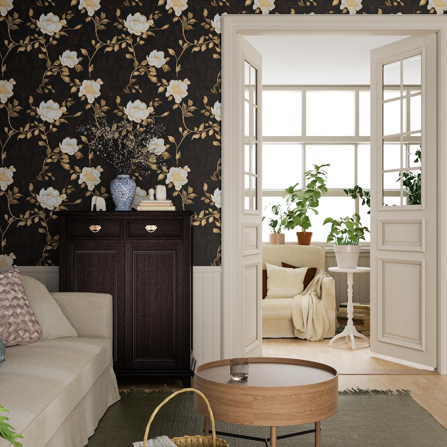 Laatse Black Golden Floral Peel and Stick Wallpaper Flowers Contact Paper 17.5" x 393" Self Adhesive Waterproof Vintage Dark Floral Wall Paper for Shelf Liner Cabinet Decor