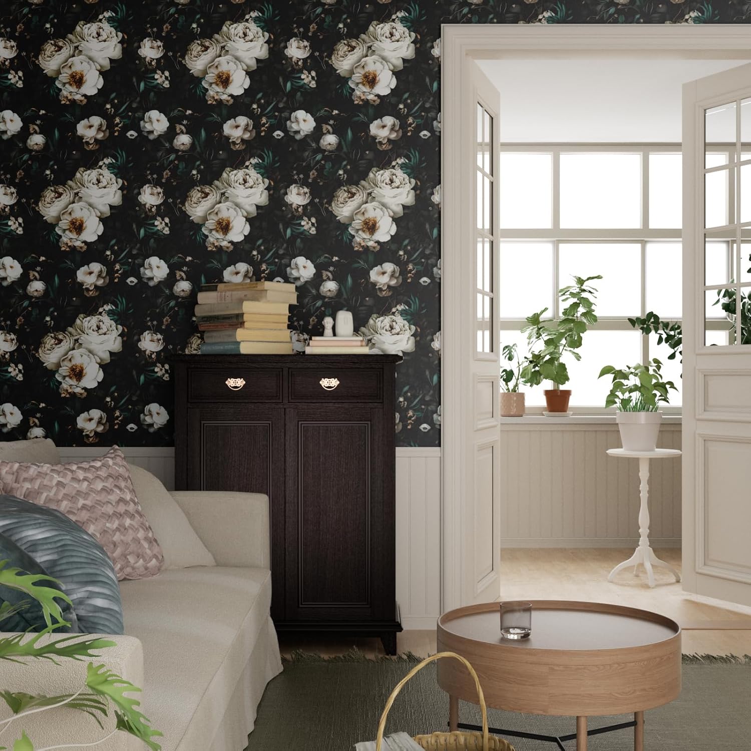 Laatse Dark Wallpapr Peel and Stick Boho Wallpaper 17.5in x 393in Black Floral Contact Paper Waterproof Self Adhesive Vintage Large Floral Wall Paper for Bedroom Walls Cabinet Decor