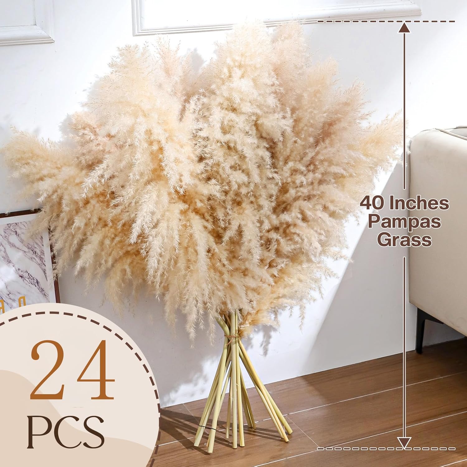 24 pcs Tall Pampas Grass Decoration - Pasuvsigt 40 Inch Large Pampas Grass Dried Flower Decoration,for Bohemian Style Living Room Decoration, Wedding Decoration, Party, Farmhouse Decoration