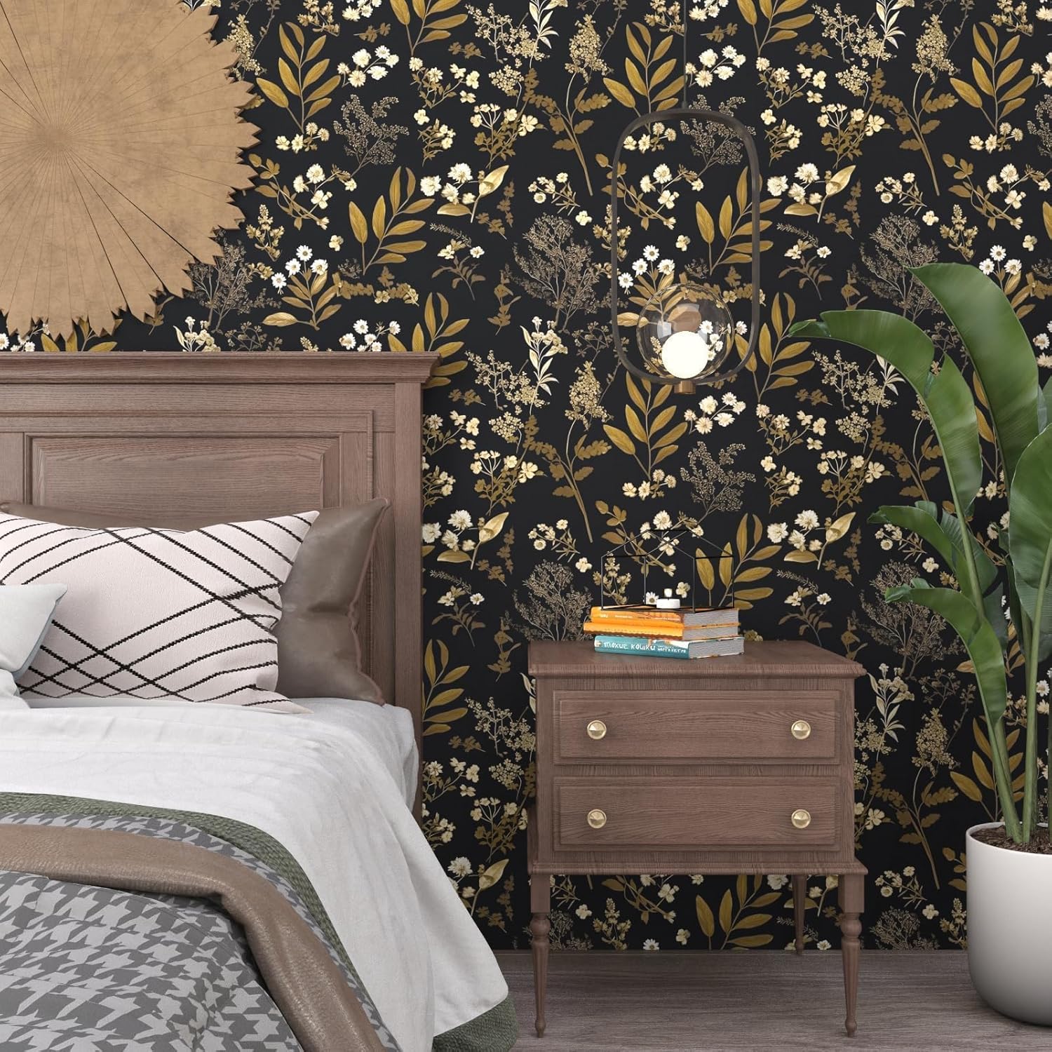 Laatse Vintage Wallpaper Peel and Stick Black Floral Wallpaper 17.5'' x 393'' Gold Leaf Contact Paper Vinyl Waterproof Self Adhesive Boho Botanical Wall Paper for Bedroom Shlef Cabinet Décor