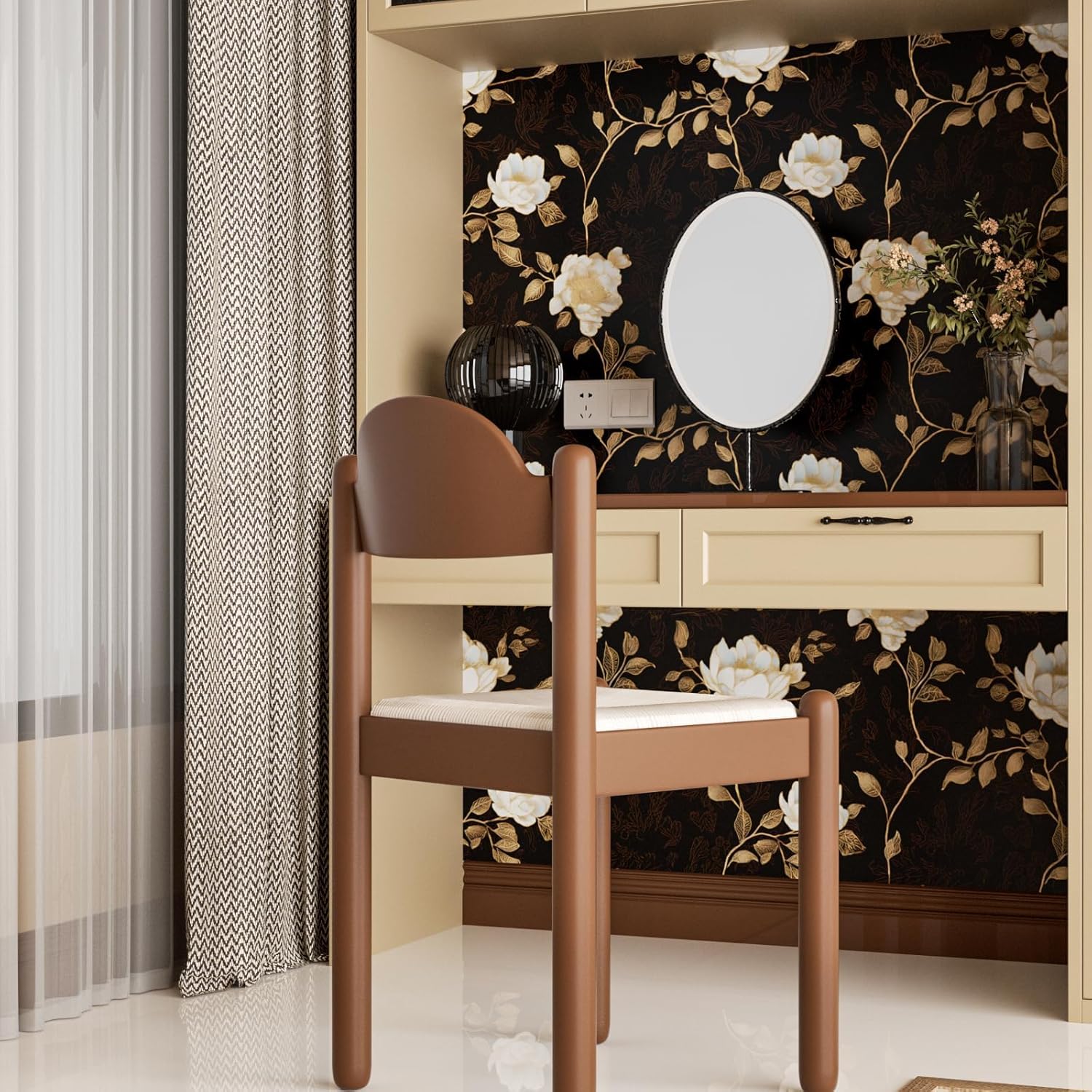 Laatse Black Golden Floral Peel and Stick Wallpaper Flowers Contact Paper 17.5" x 393" Self Adhesive Waterproof Vintage Dark Floral Wall Paper for Shelf Liner Cabinet Decor