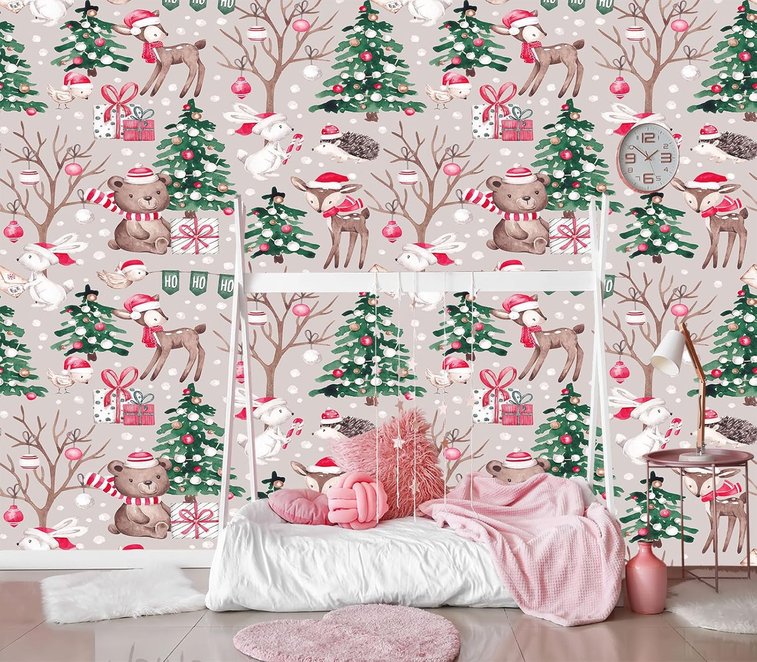 XMPMBM-Cartoon Hand-Painted Animals Woodland Nursery Room Fabric Wallpaper Graffiti Pine Forest Kids Gaming Room Wall Mural-W 88" X H 59"（36 Square Foot）