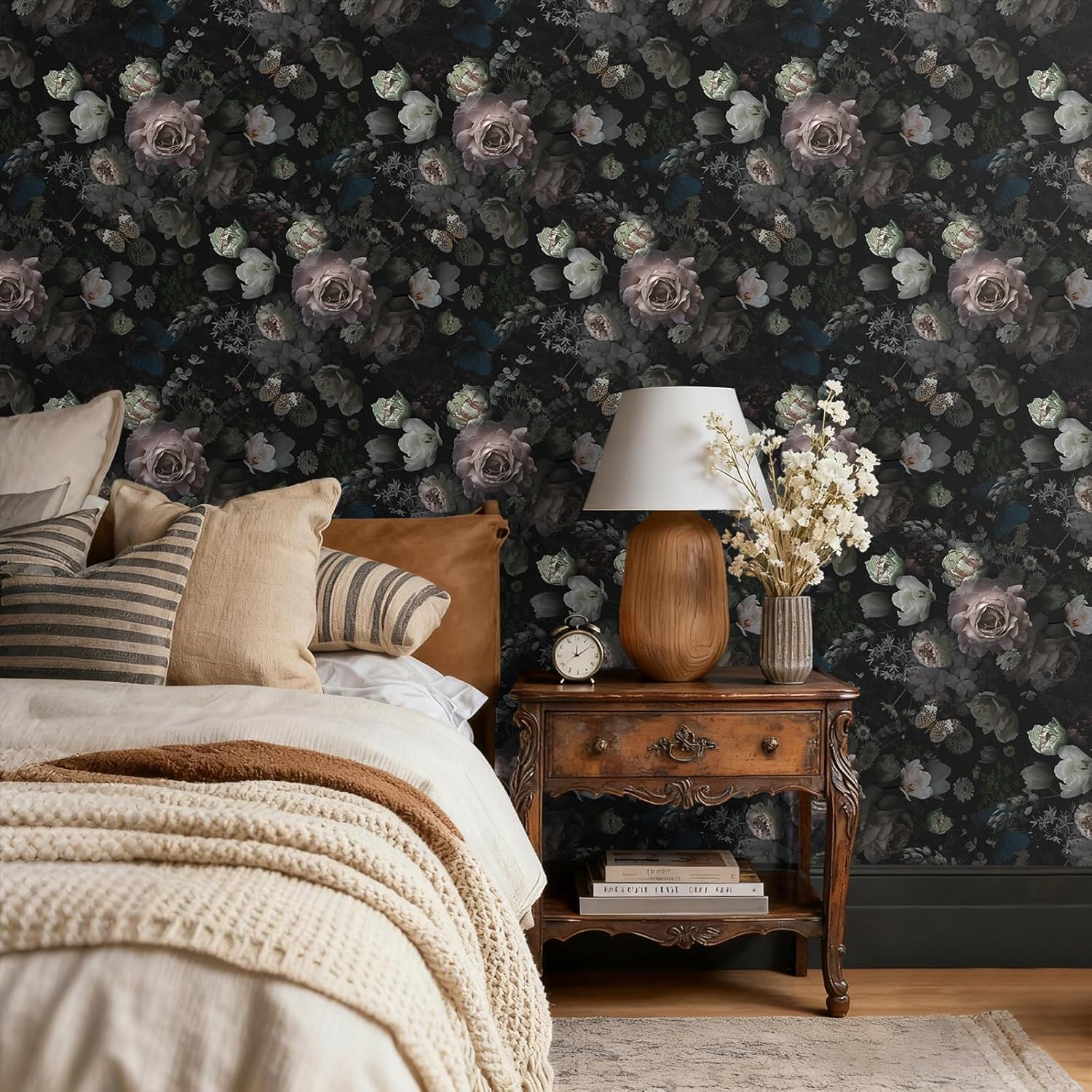 VEELIKE Moody Floral Peel and Stick Wallpaper Vintage Dark Floral Wallpaper for Bedroom Bathroom 17.7''x354'' Removable Self Adhesive Butterflies Flower Wall Paper for Living Room Accent Wall Mural
