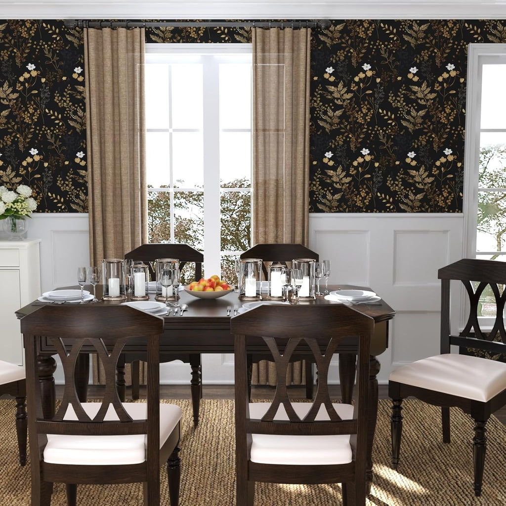 XRUIBZI Black Floral Wallpaper Peel and Stick Wallpaper Leaf Wallpapers Gold Leaf Contact Paper for Cabinets Waterproof Self Adhesive Wall Paper for Kitchen Countertop Wall 17.5" x 393"