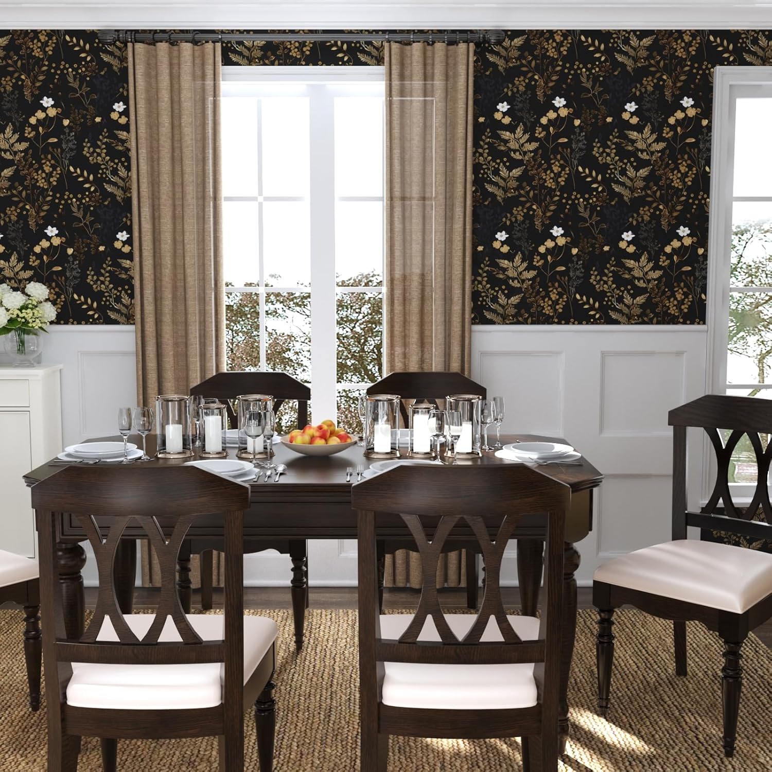 XRUIBZI Black Floral Wallpaper Peel and Stick Wallpaper Leaf Wallpapers Gold Leaf Contact Paper for Cabinets Waterproof Self Adhesive Wall Paper for Kitchen Countertop Wall 17.5" x 393"