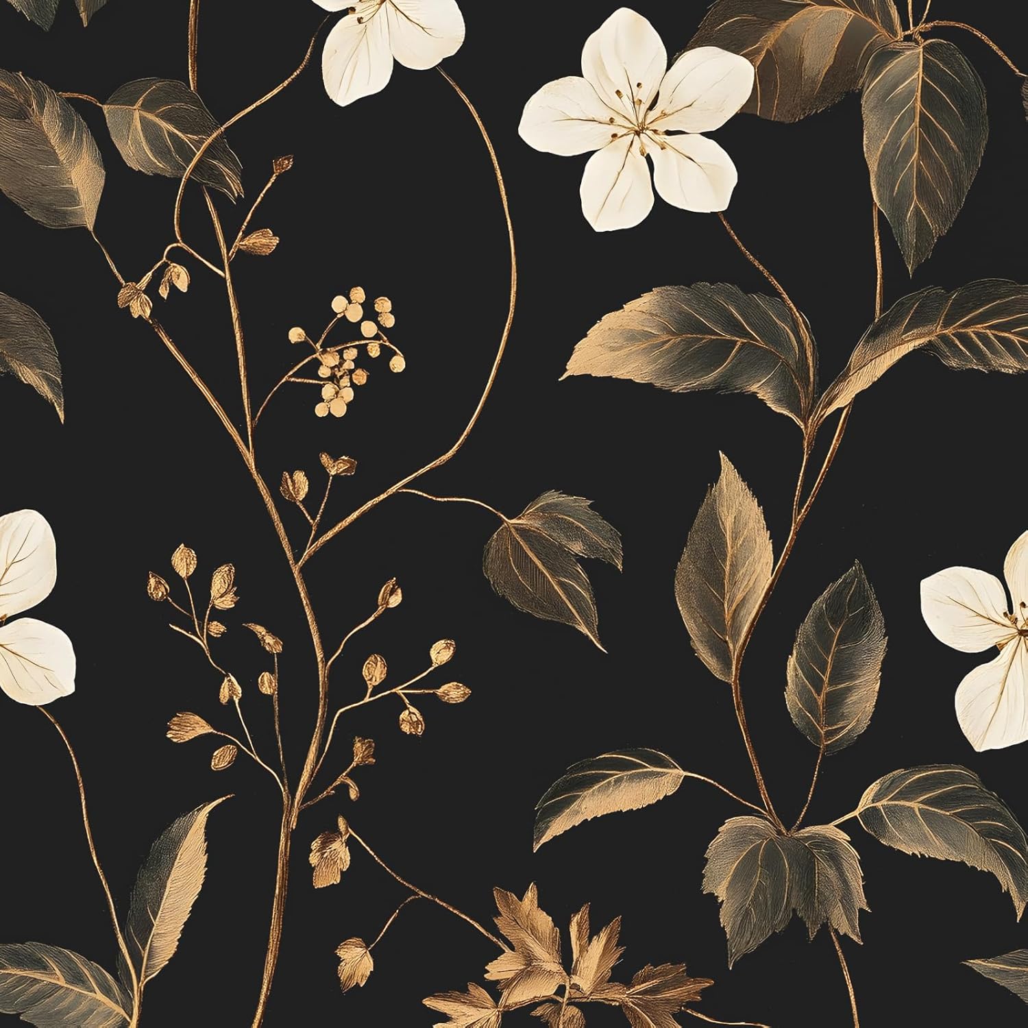 XRUIBZI Black Floral Wallpaper Peel and Stick Wallpaper Leaf Wallpapers Gold Leaf Contact Paper for Cabinets Waterproof Self Adhesive Wall Paper for Kitchen Countertop Wall 17.5" x 393"