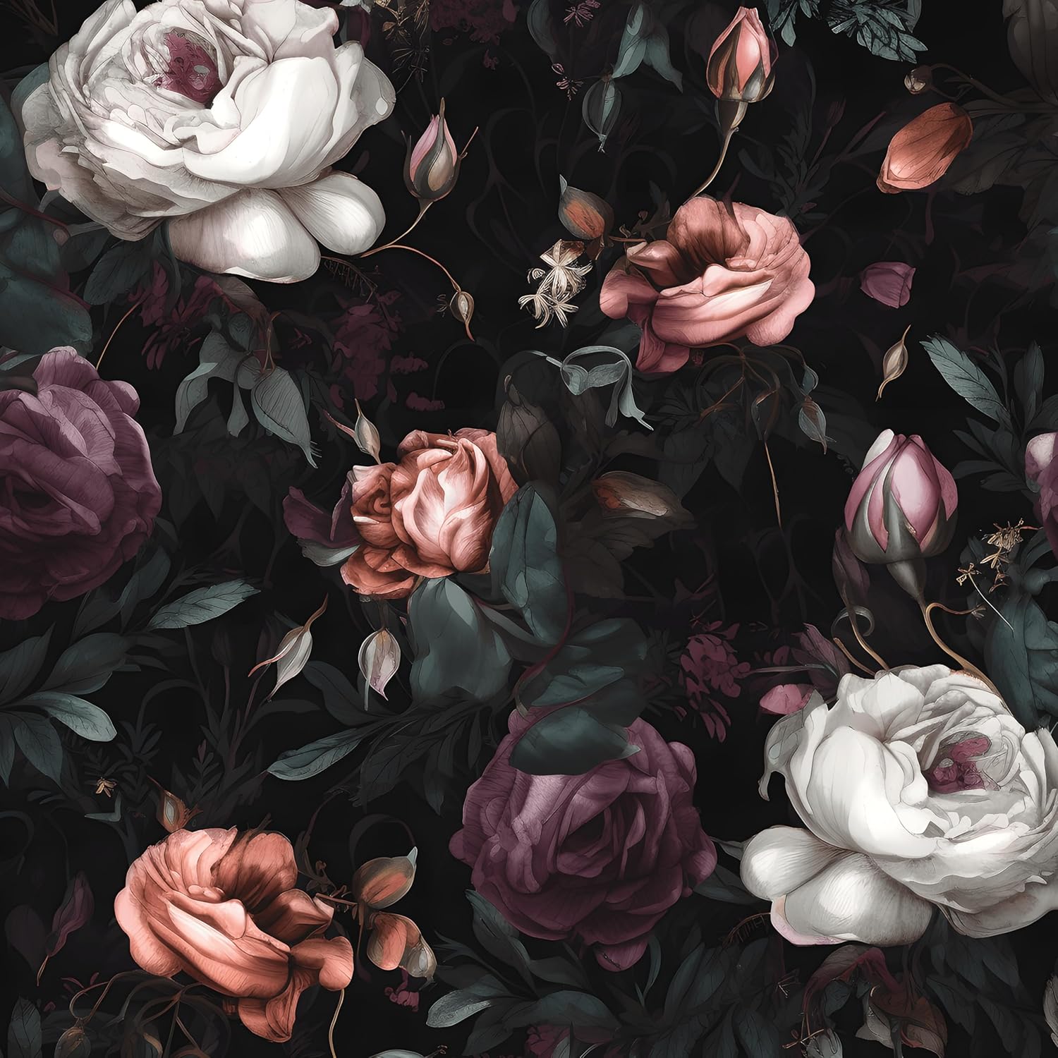 Dark Floral Wallpaper Peel and Stick, Vintage Black/White/Red Rose Contact Paper 17.5" x 393" , Retro Flowers Wall Paper Self Adhesive Waterproof Removable for Room Shelves Cabinet Drawer Table Decor