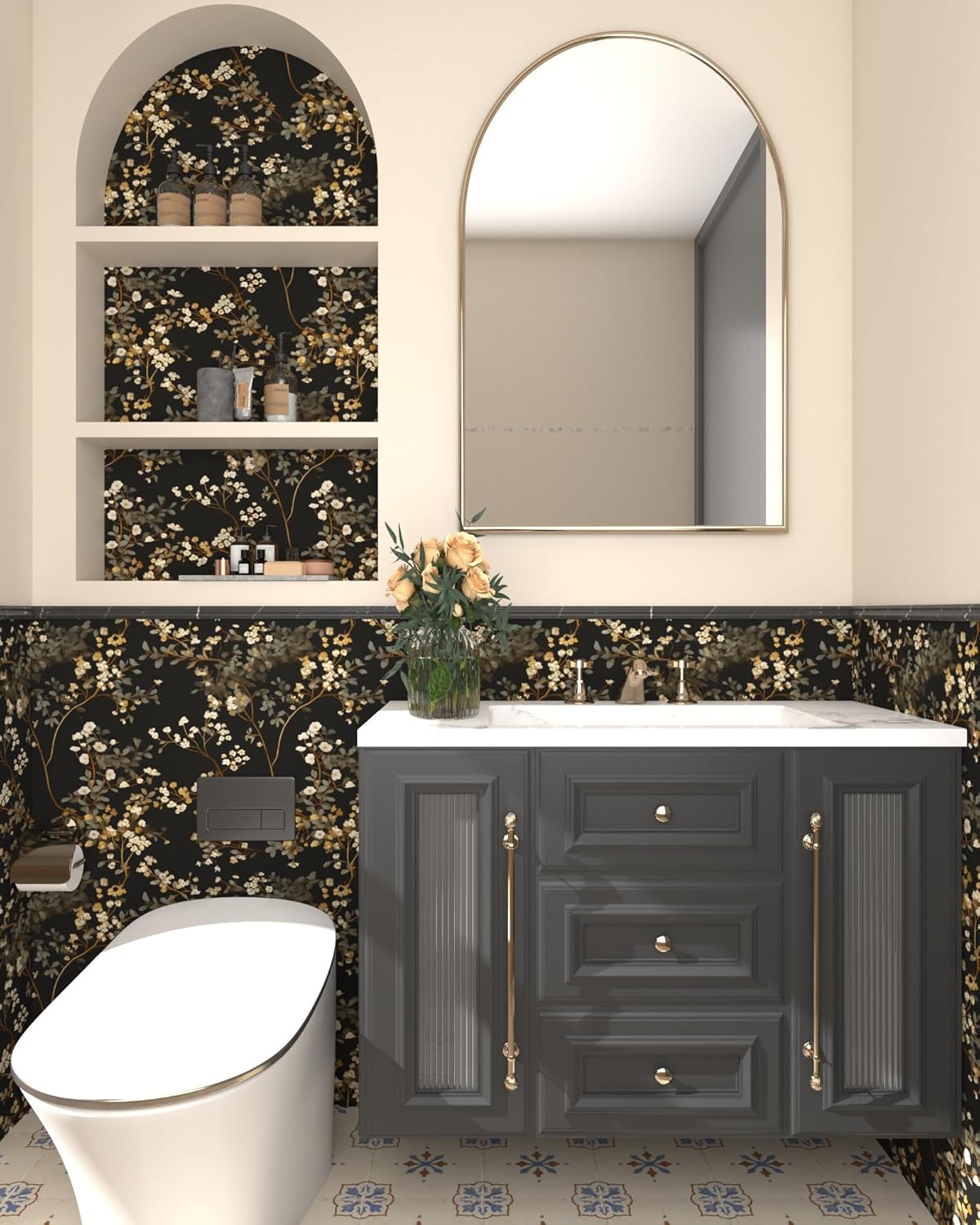 Fvlow Vintage Black Floral Wallpaper Classic Watercolor Leaves Wall Paper 17.4" x 394" Dark Moody Contact Paper Chinoiserie Self Adhesive Covering for Bedroom Bathroom Cabinet Home Decor Black Grey