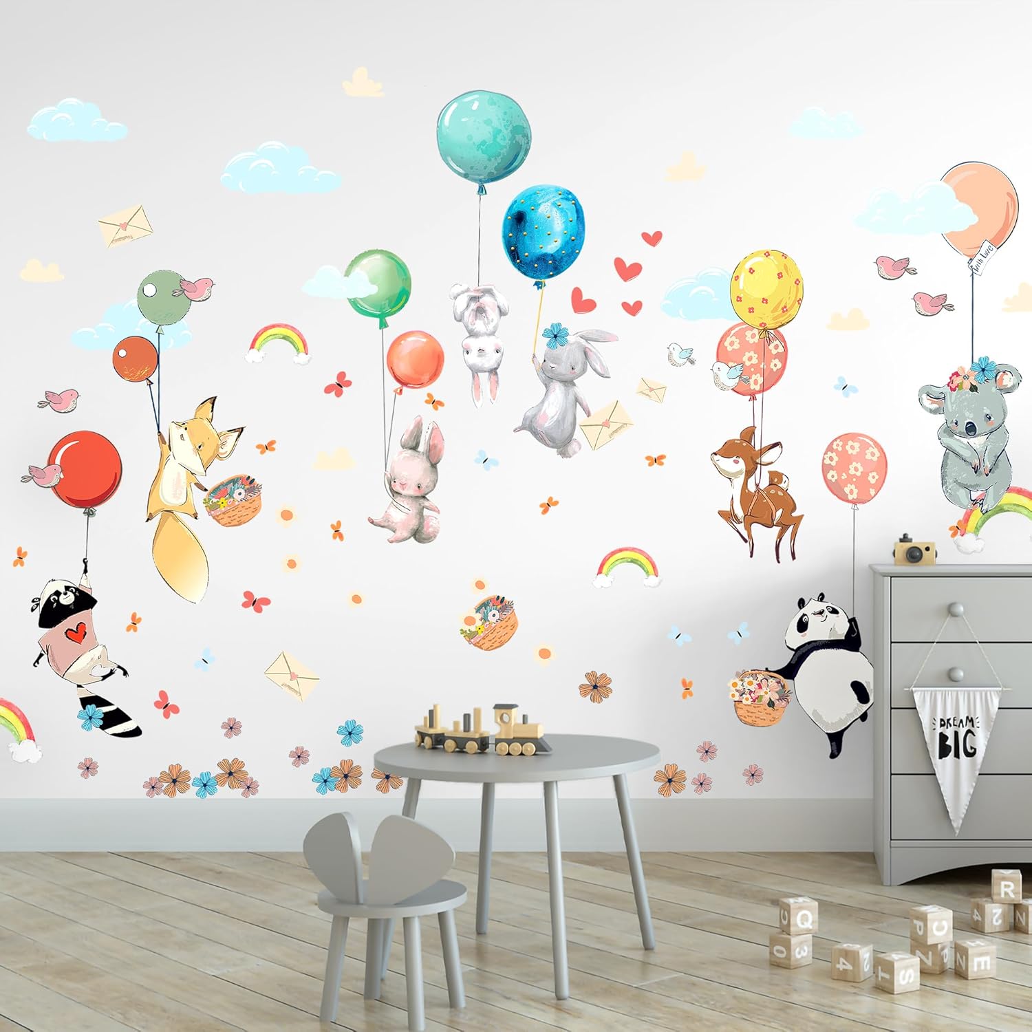 Hot Air Balloon Wall Decals by Lipastick - Peel and Stick Animal Stickers Raccoon, Fox, Koala, Panda for Kids Room, Nursery, Playroom, Bedroom - Removable Wall Decor for Boys, Girls, Babies - XXL Size