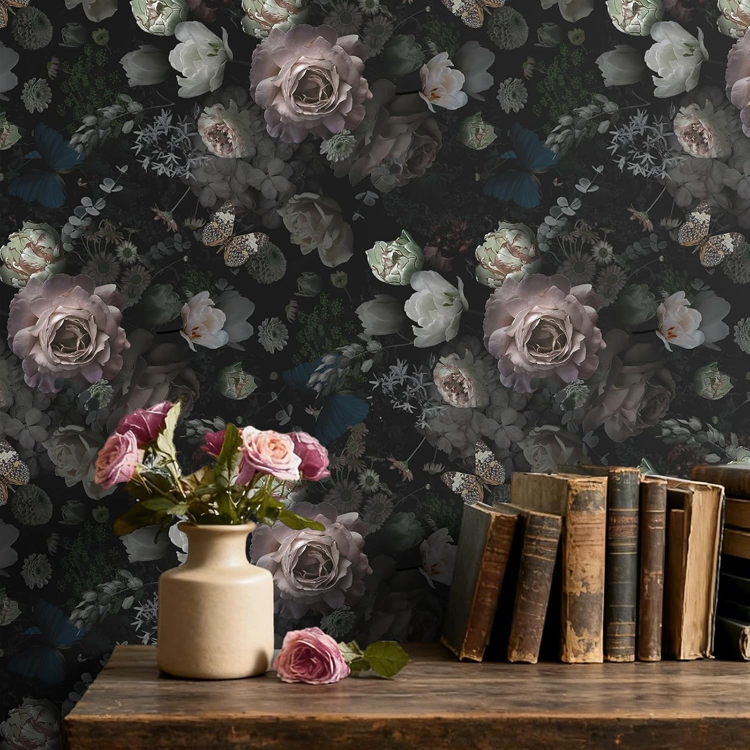 VEELIKE Moody Floral Peel and Stick Wallpaper Vintage Dark Floral Wallpaper for Bedroom Bathroom 17.7''x354'' Removable Self Adhesive Butterflies Flower Wall Paper for Living Room Accent Wall Mural