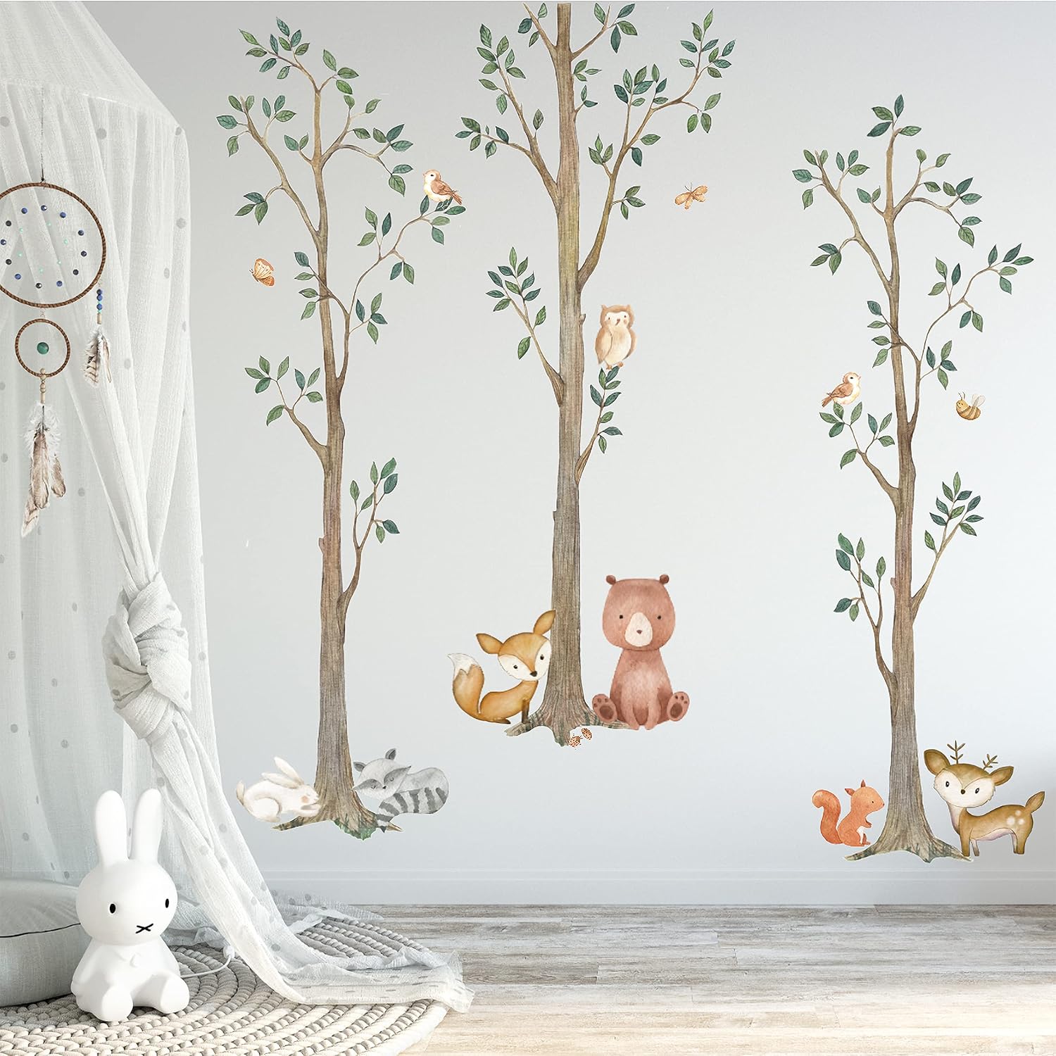 InnovativeStencils, Woodland Watercolor Wall Tree Decals Fabric Animal Birch Creatures - Bear, Fox, Raccoon, Rabbit, Squirrel, Owl Nursery Décor Stickers #3115 (72In Tall)