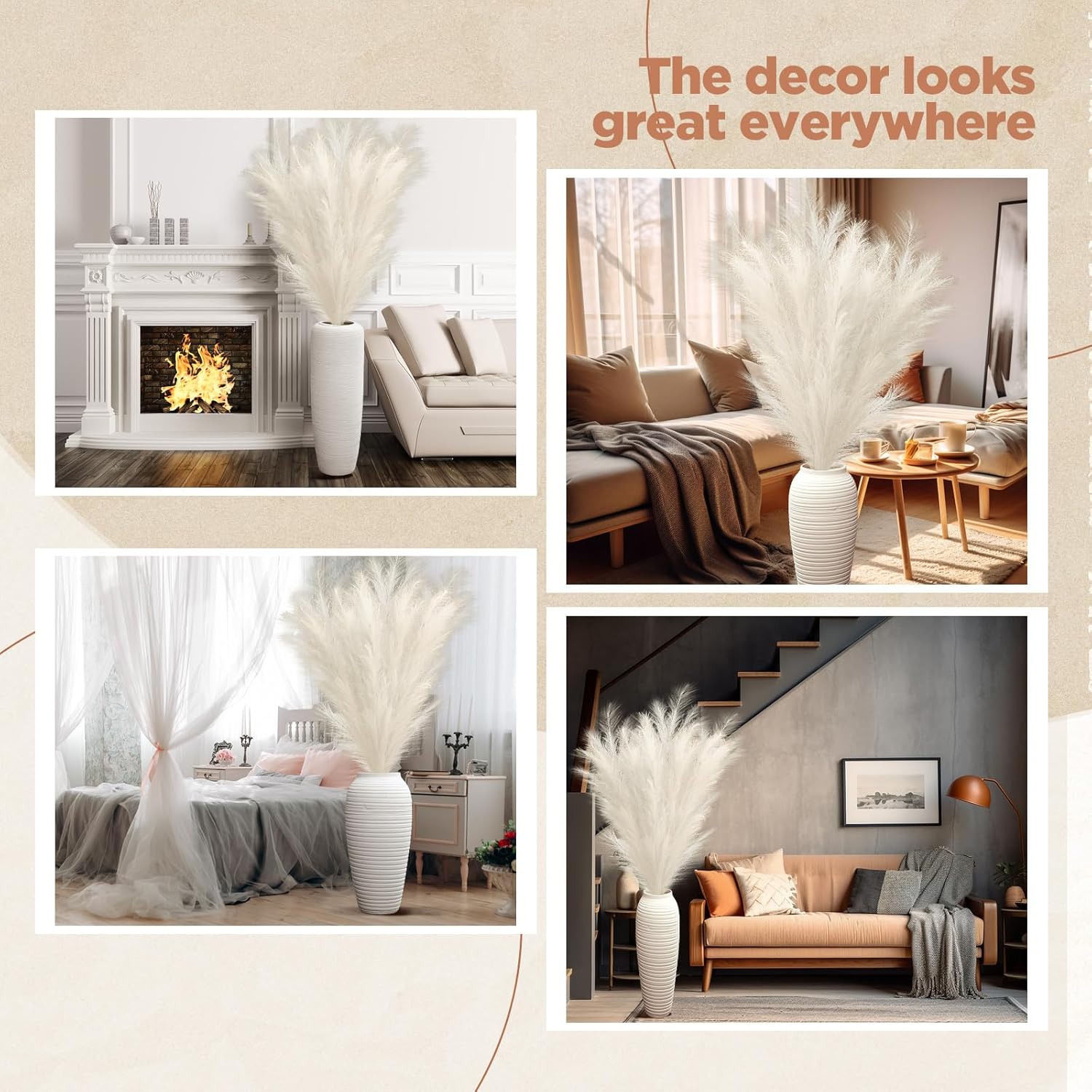 Zeyune 5 Pcs 71'' Large Faux Pampas Grass Decor Tall Faux Pampas Grass Splicable Fake Dried Boho Home Decor Beige Feathers for Vase Artificial Floral for Wedding Home Party Boho Decoration (Beige)