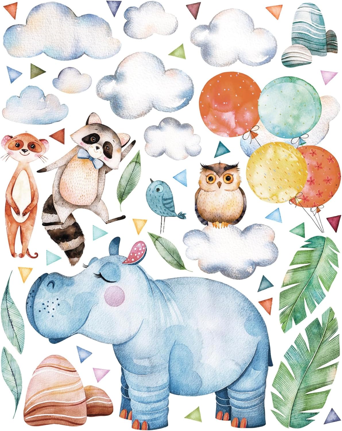 Watercolor Animal Wall Decals Hippo Owl Raccoon Meerkat Wall Stickers Removable Cartoon Animal Wall Decals Decor for Baby Nursery Playroom Bedroom Classroom Kindergarten WH38 (Extra Large)