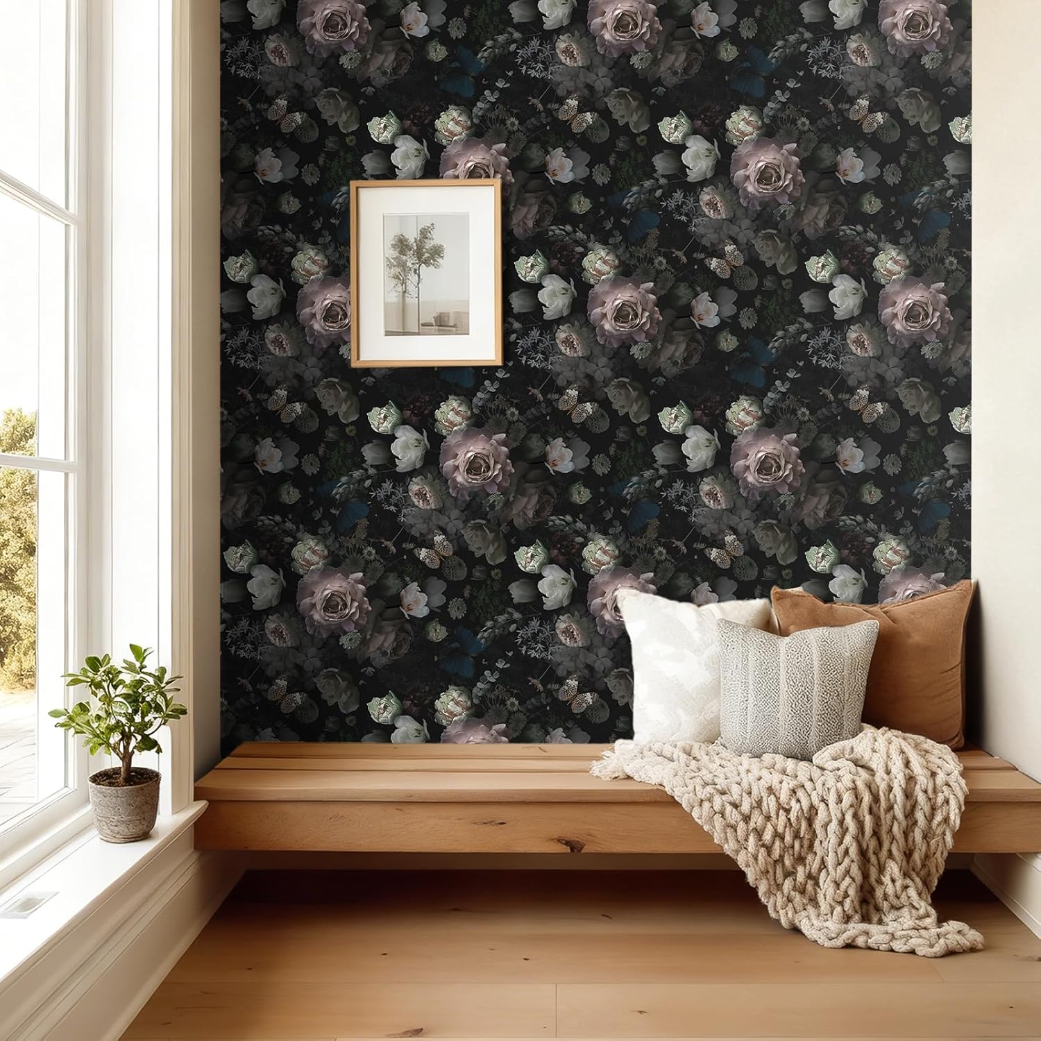 VEELIKE Moody Floral Peel and Stick Wallpaper Vintage Dark Floral Wallpaper for Bedroom Bathroom 17.7''x354'' Removable Self Adhesive Butterflies Flower Wall Paper for Living Room Accent Wall Mural