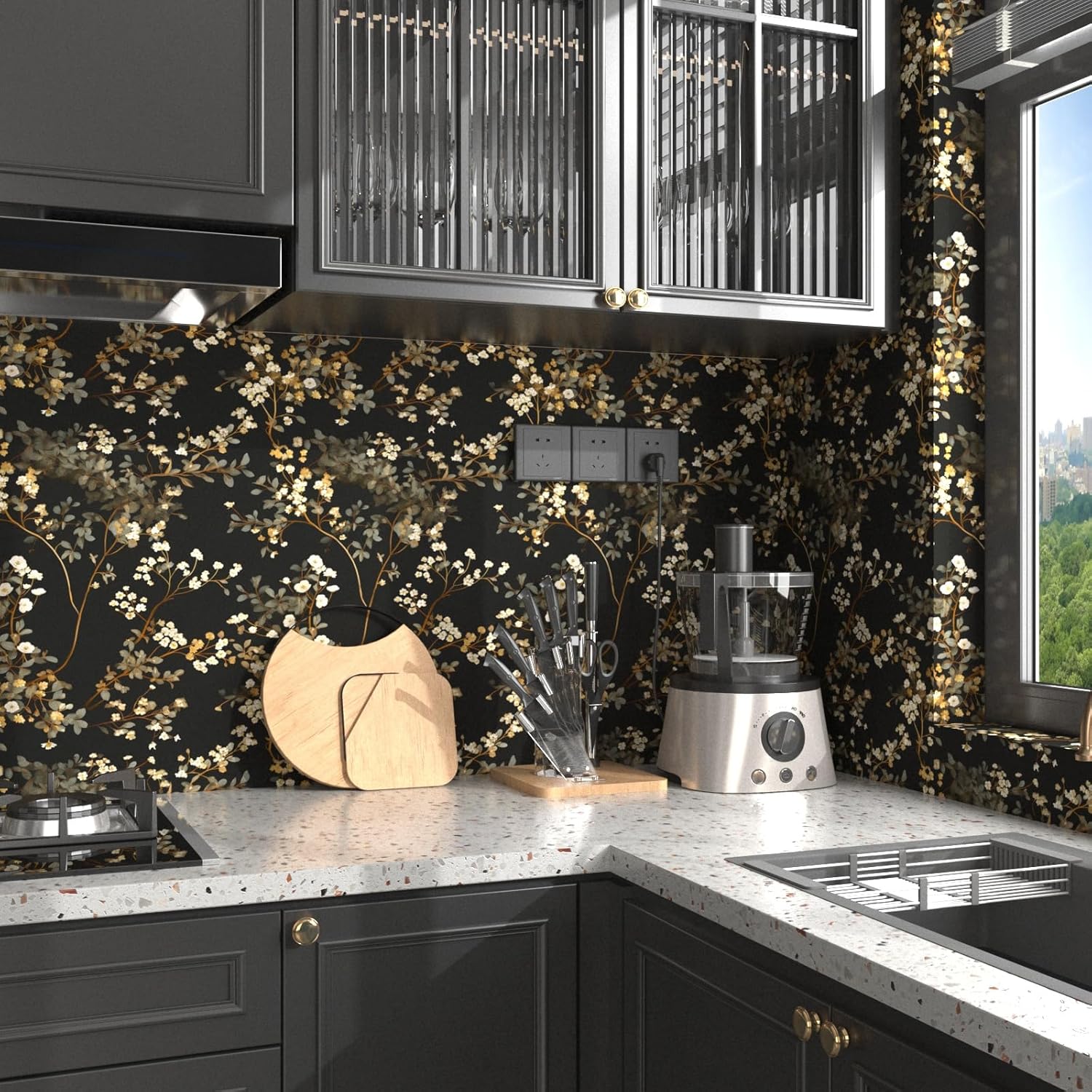 Fvlow Vintage Black Floral Wallpaper Classic Watercolor Leaves Wall Paper 17.4" x 394" Dark Moody Contact Paper Chinoiserie Self Adhesive Covering for Bedroom Bathroom Cabinet Home Decor Black Grey