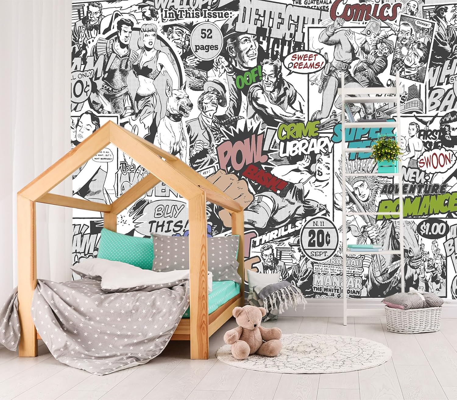 XMPMBM-Cartoon Hand-Painted Animals Woodland Nursery Room Fabric Wallpaper Graffiti Pine Forest Kids Gaming Room Wall Mural-W 88" X H 59"（36 Square Foot）