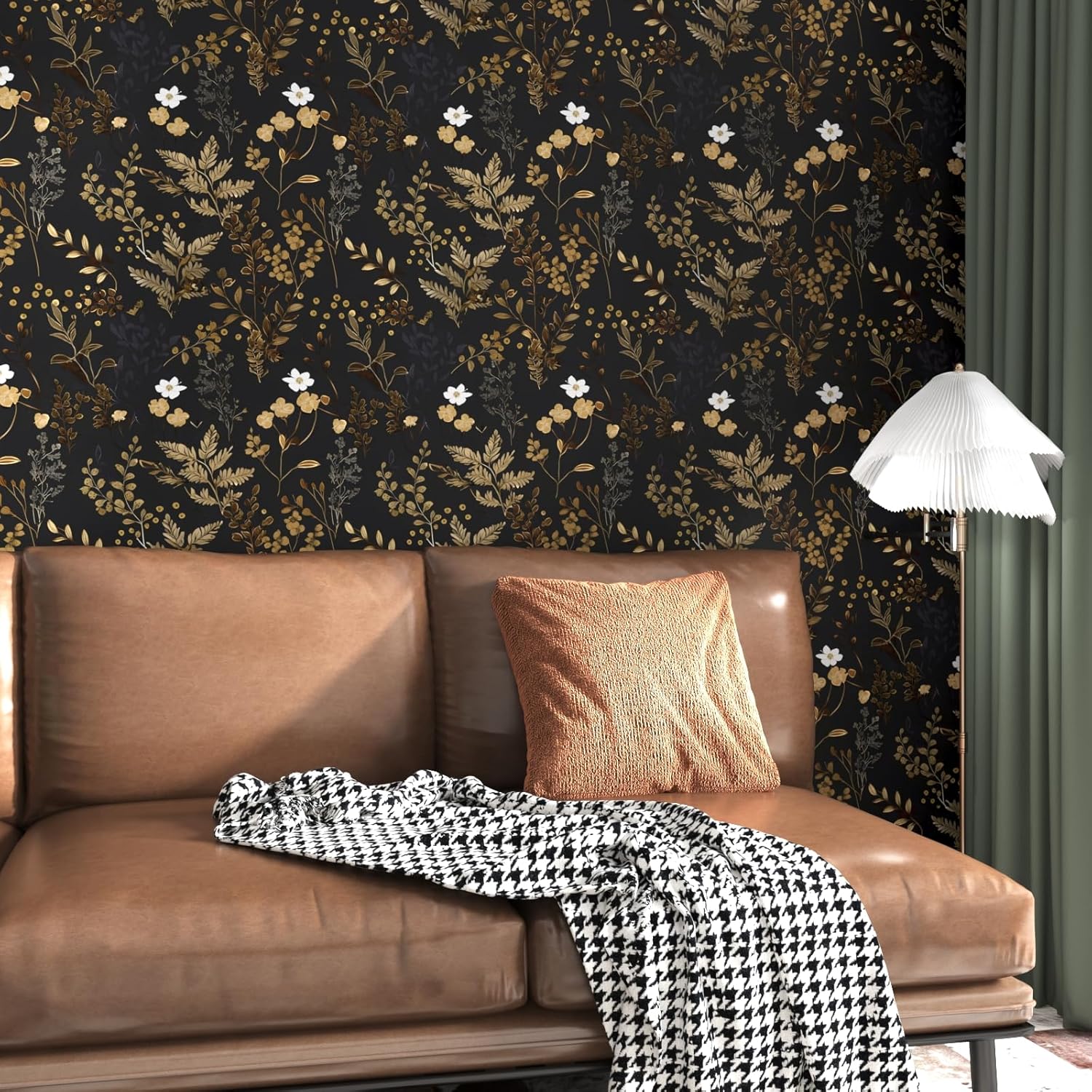 XRUIBZI Black Floral Wallpaper Peel and Stick Wallpaper Leaf Wallpapers Gold Leaf Contact Paper for Cabinets Waterproof Self Adhesive Wall Paper for Kitchen Countertop Wall 17.5" x 393"
