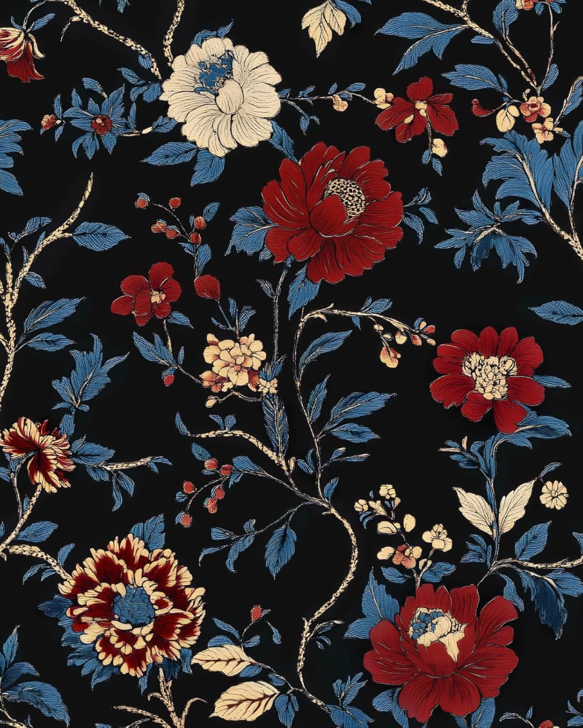 XRUIBZI Black Floral Wallpaper Peel and Stick Wallpaper Leaf Wallpapers Gold Leaf Contact Paper for Cabinets Waterproof Self Adhesive Wall Paper for Kitchen Countertop Wall 17.5" x 393"