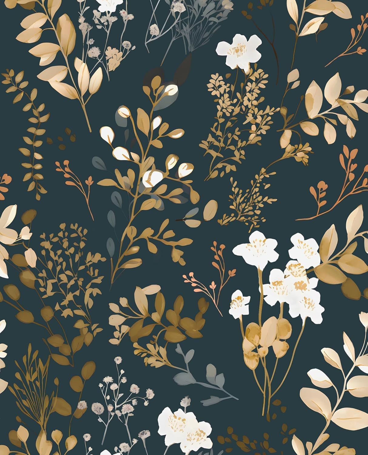 Laatse Vintage Wallpaper Peel and Stick Black Floral Wallpaper 17.5'' x 393'' Gold Leaf Contact Paper Vinyl Waterproof Self Adhesive Boho Botanical Wall Paper for Bedroom Shlef Cabinet Décor