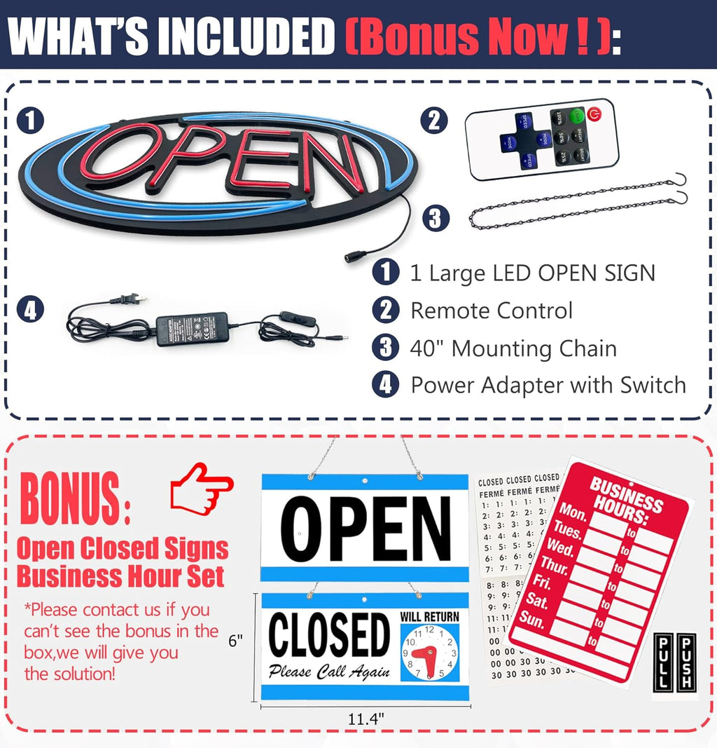 Open Signs for Business,32x16 inch Large Bright Open Sign Neon Led Lighted,Remote Control & Flashing Mode for Window Door Bar Coffee Salon Store,ON/OFF Switch Blue/Red