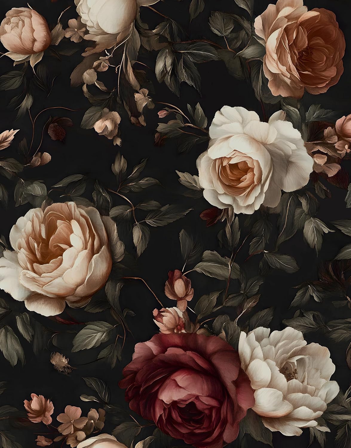 Laatse Dark Floral Peel and Stick Wallpaper, Vintage Floral Contact Paper, Waterproof Self Adhesive Boho Decor Black Rose Wall Paper for Bedroom Walls Bookcase Drawers 17.5in x 32.8ft