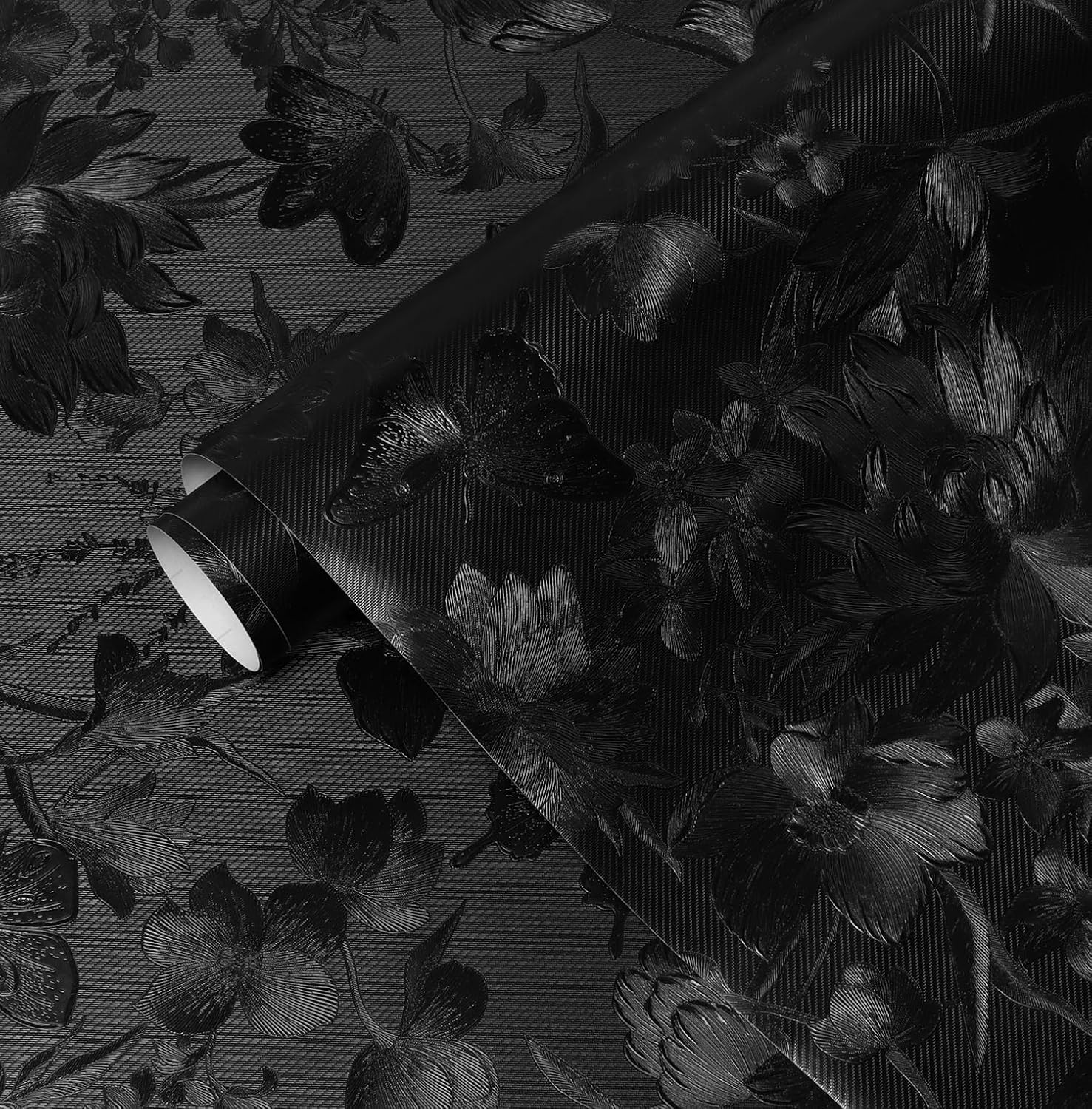 Erfoni 394"x15.7" Black Floral Embossed Wallpaper for Bedroom Decorative DIY Peel and Stick Wallpaper Flower Textured Removable Contact Paper Vintage Pure Black Self Adhesive Wall Paper Vinyl Roll