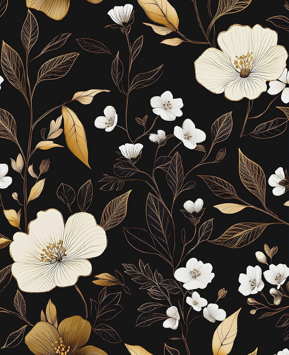 Fvlow Vintage Black Floral Wallpaper Classic Watercolor Leaves Wall Paper 17.4" x 394" Dark Moody Contact Paper Chinoiserie Self Adhesive Covering for Bedroom Bathroom Cabinet Home Decor Black Grey