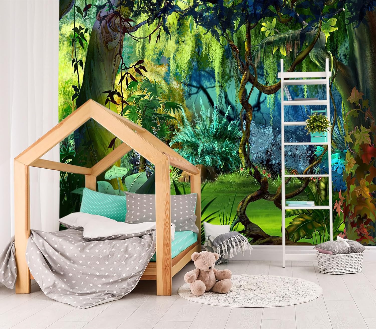 XMPMBM-Cartoon Hand-Painted Animals Woodland Nursery Room Fabric Wallpaper Graffiti Pine Forest Kids Gaming Room Wall Mural-W 88" X H 59"（36 Square Foot）
