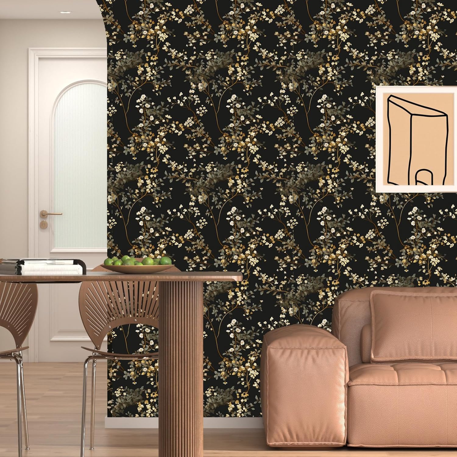 Fvlow Vintage Black Floral Wallpaper Classic Watercolor Leaves Wall Paper 17.4" x 394" Dark Moody Contact Paper Chinoiserie Self Adhesive Covering for Bedroom Bathroom Cabinet Home Decor Black Grey
