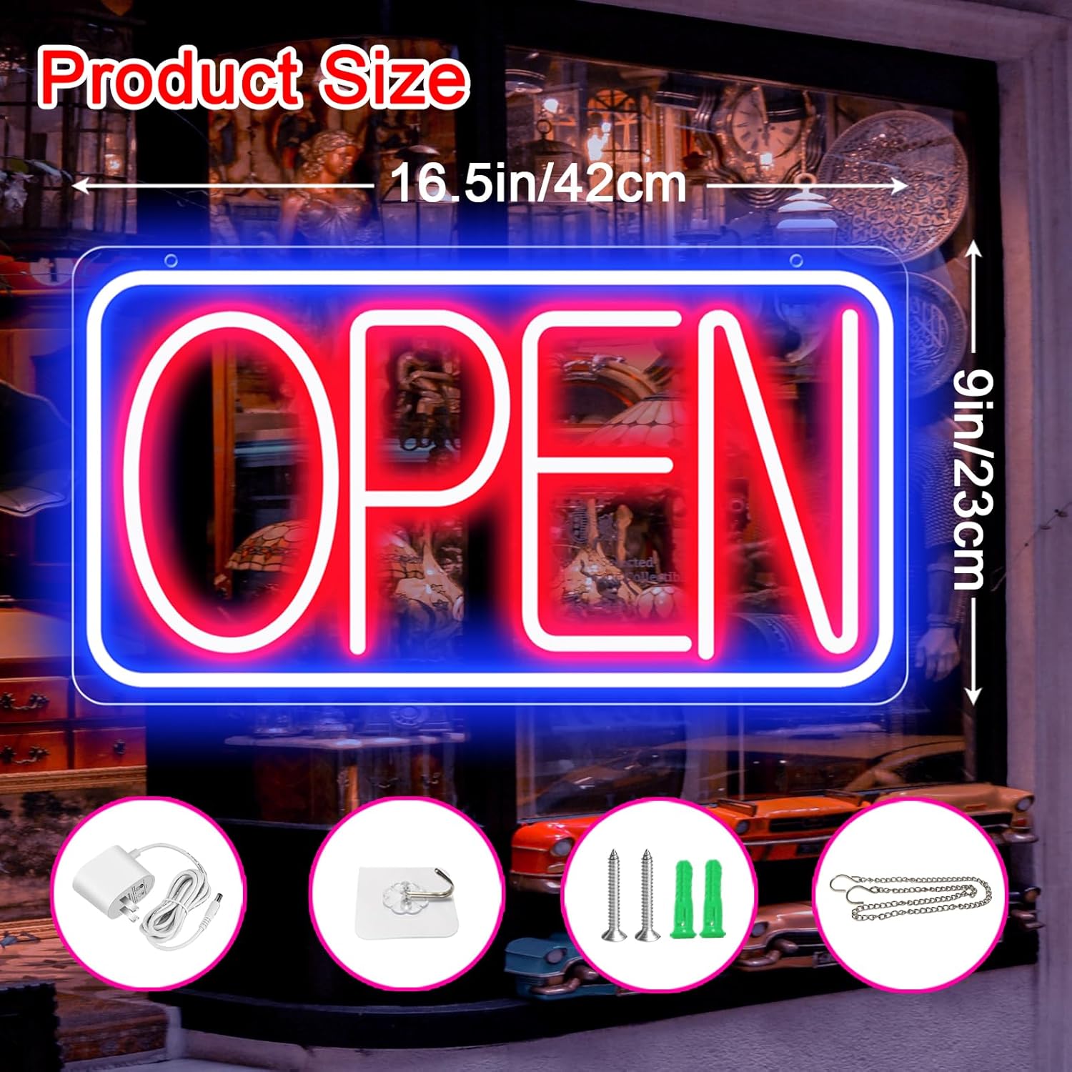 16.5" X 9" Led Neon Open Signs for Business Ultra Bright Plug In Electric Light Up Open Signs with ON/OFF Switch and 12V/2A AC Adapter for Storefront Window Bar Salon Coffee Stores (Horizontal)