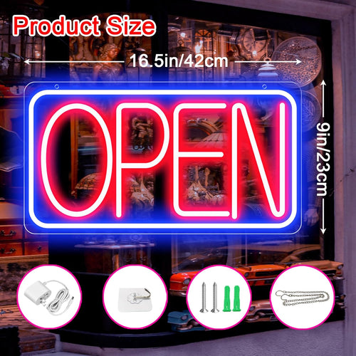 16.5" X 9" Led Neon Open Signs for Business Ultra Bright Plug In Electric Light Up Open Signs with ON/OFF Switch and 12V/2A AC Adapter for Storefront Window Bar Salon Coffee Stores (Horizontal)