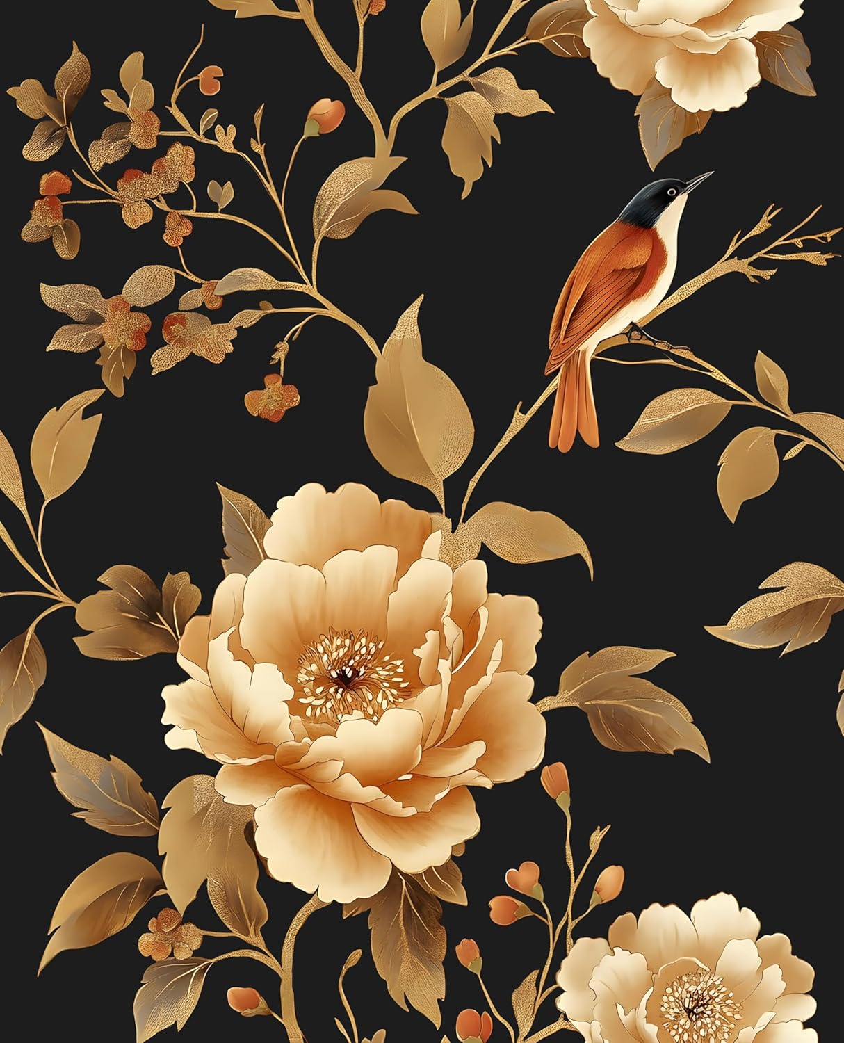 Laatse Black Golden Floral Peel and Stick Wallpaper Flowers Contact Paper 17.5" x 393" Self Adhesive Waterproof Vintage Dark Floral Wall Paper for Shelf Liner Cabinet Decor
