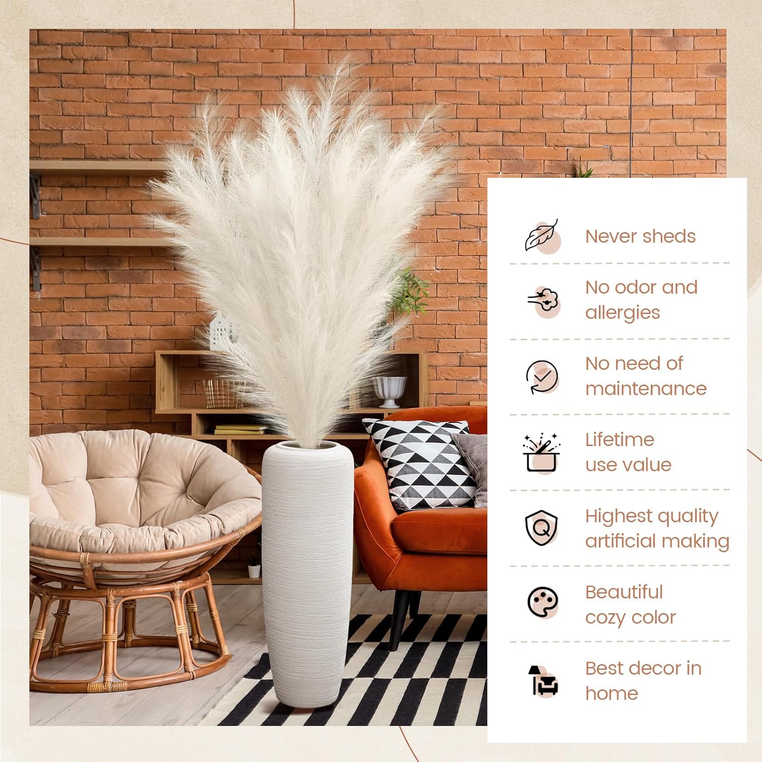 Zeyune 5 Pcs 71'' Large Faux Pampas Grass Decor Tall Faux Pampas Grass Splicable Fake Dried Boho Home Decor Beige Feathers for Vase Artificial Floral for Wedding Home Party Boho Decoration (Beige)