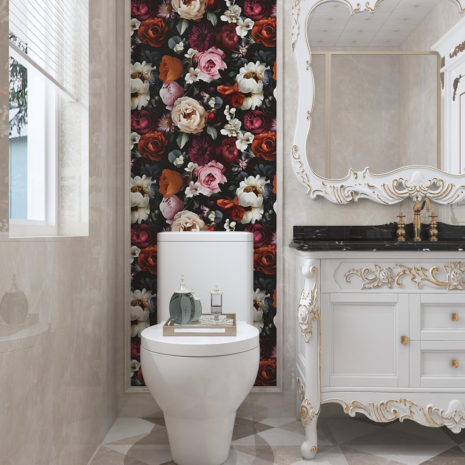 Laatse Floral Wallpaper Peel and Stick,Vintage Rose Contact Paper 17.5" x 393", Thick Burgundy Wall Paper Murals Self Adhesive Removable Waterproof for Shelf Cabinet Drawer Table Decor (Black, Red)